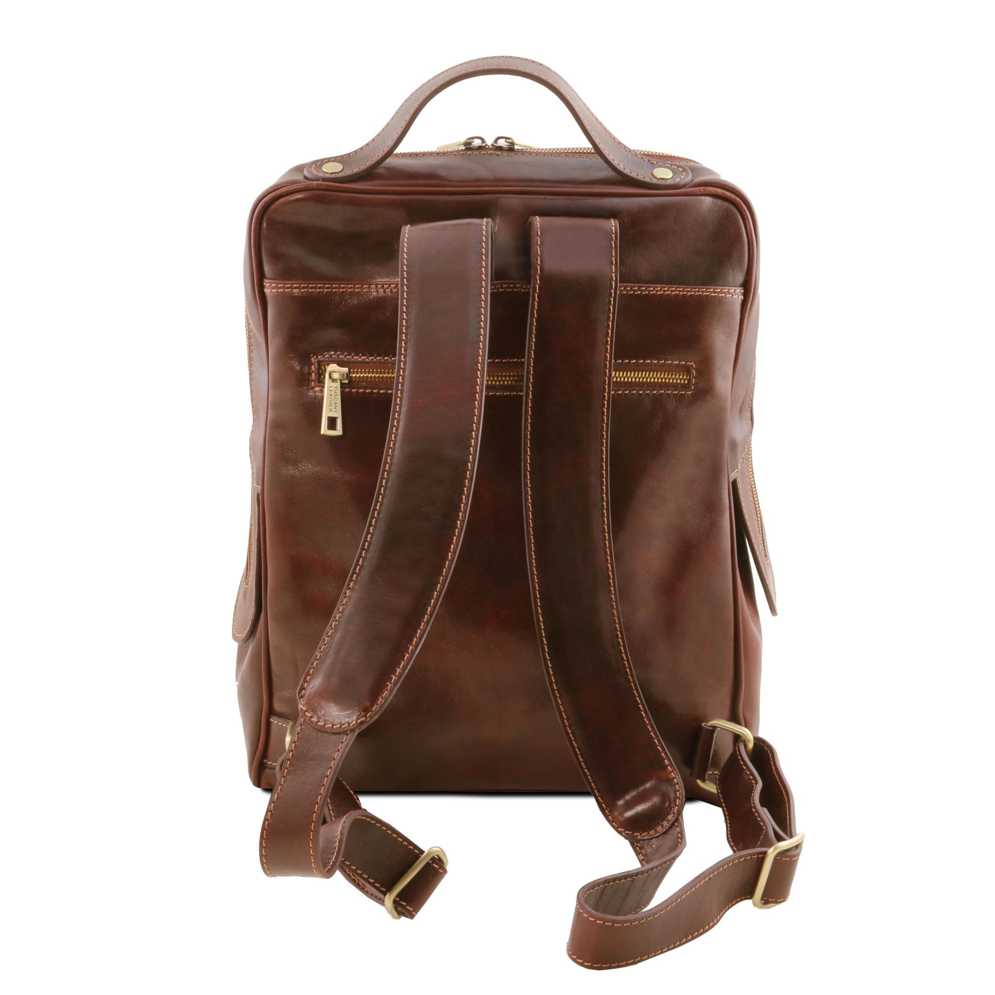 Back view Brown leather backpack on a white background