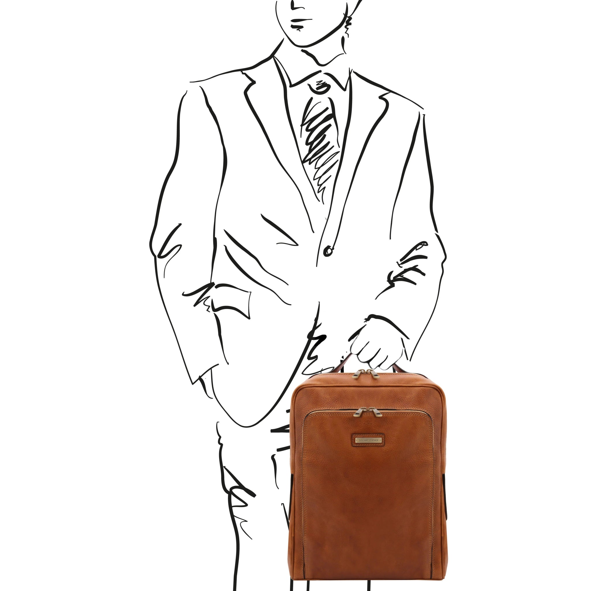 Outline of a man in a suit holding a natural suitcase on a white background