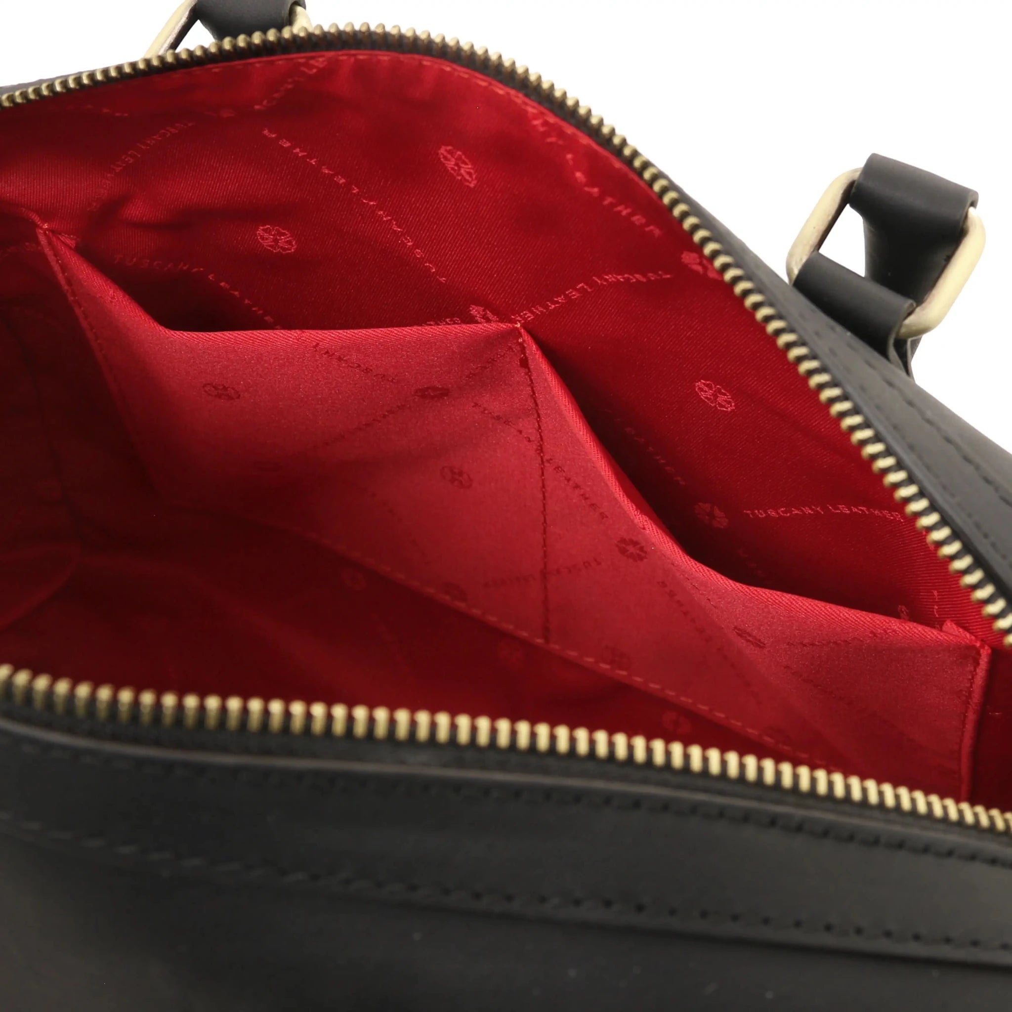 Interior open pockets view Barrique Leather bag in black with red lining