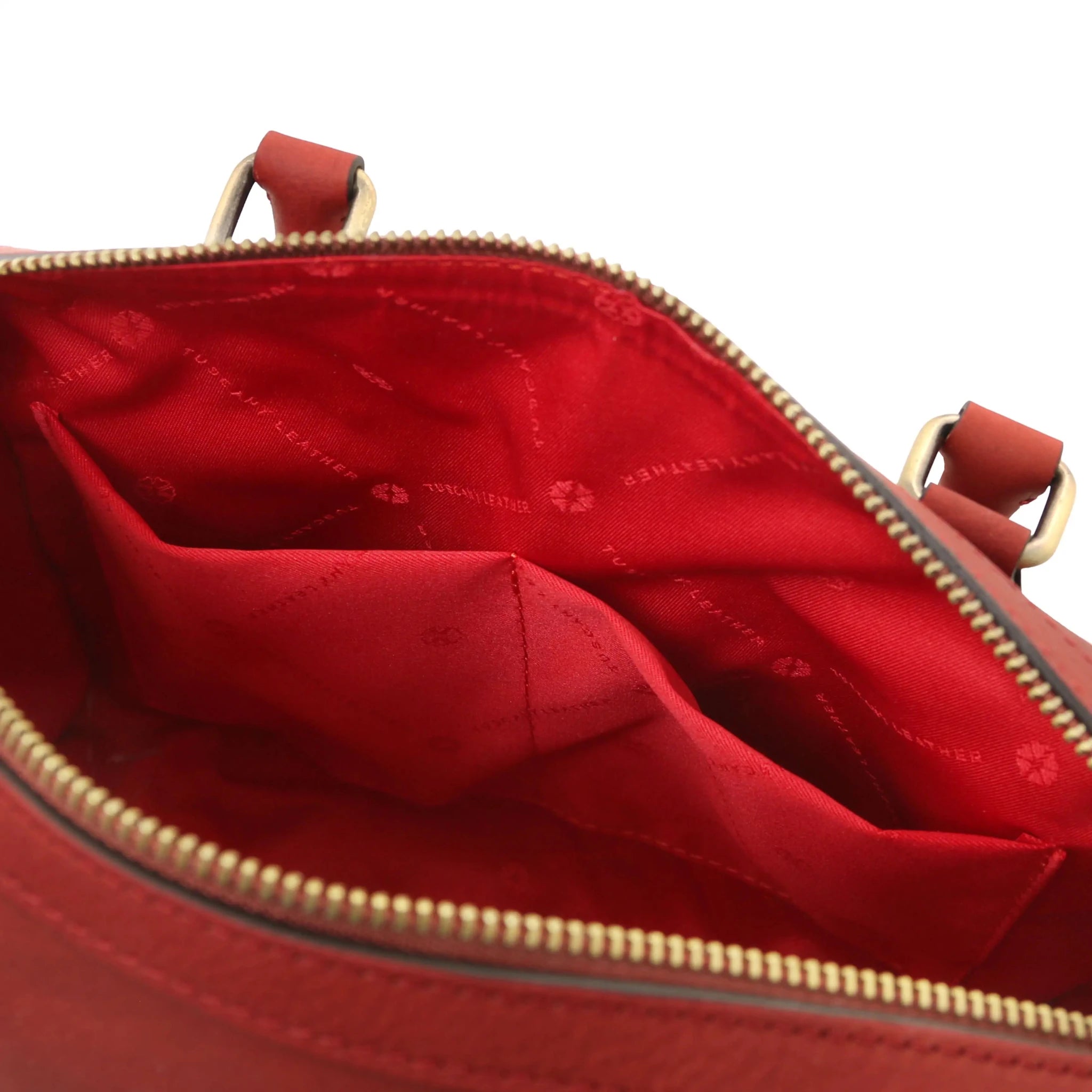 Interior open pockets view Barrique Leather bag in red with red lining