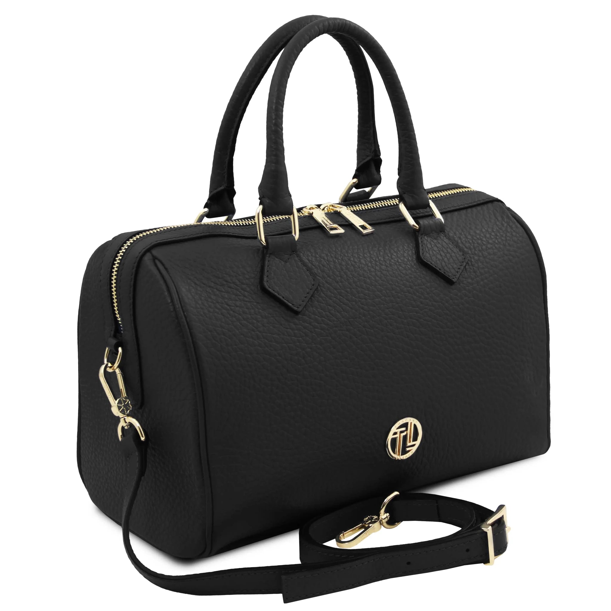 Front side angled View Barrique Leather Duffle bag in black with shoulder strap