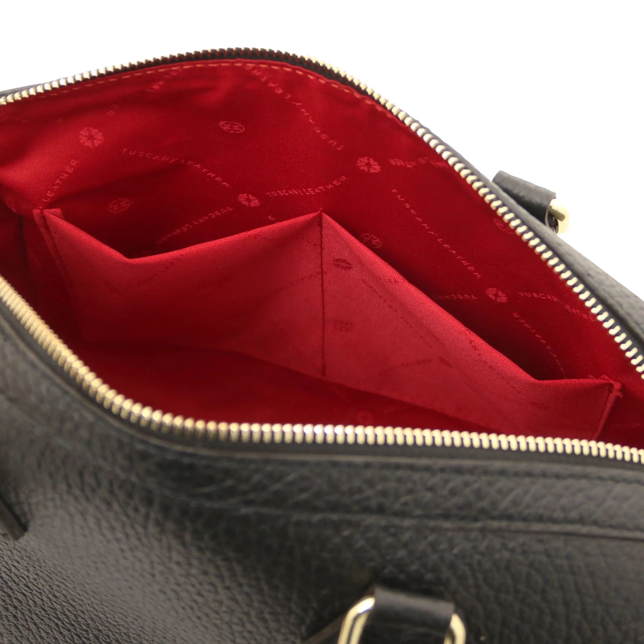 Interior open pockets view Barrique Leather bag in black with red lining