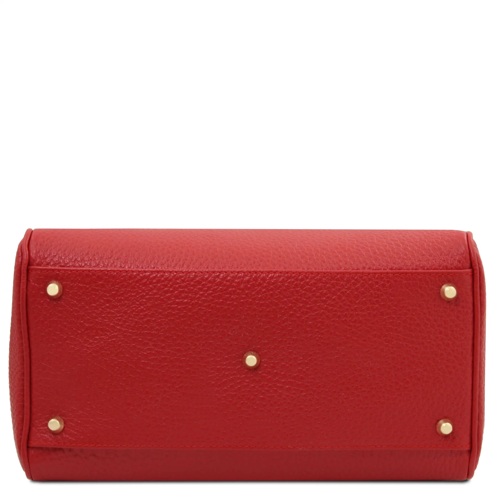 Bottom View Barrique Leather Duffle bag in red with protective gold metal feet