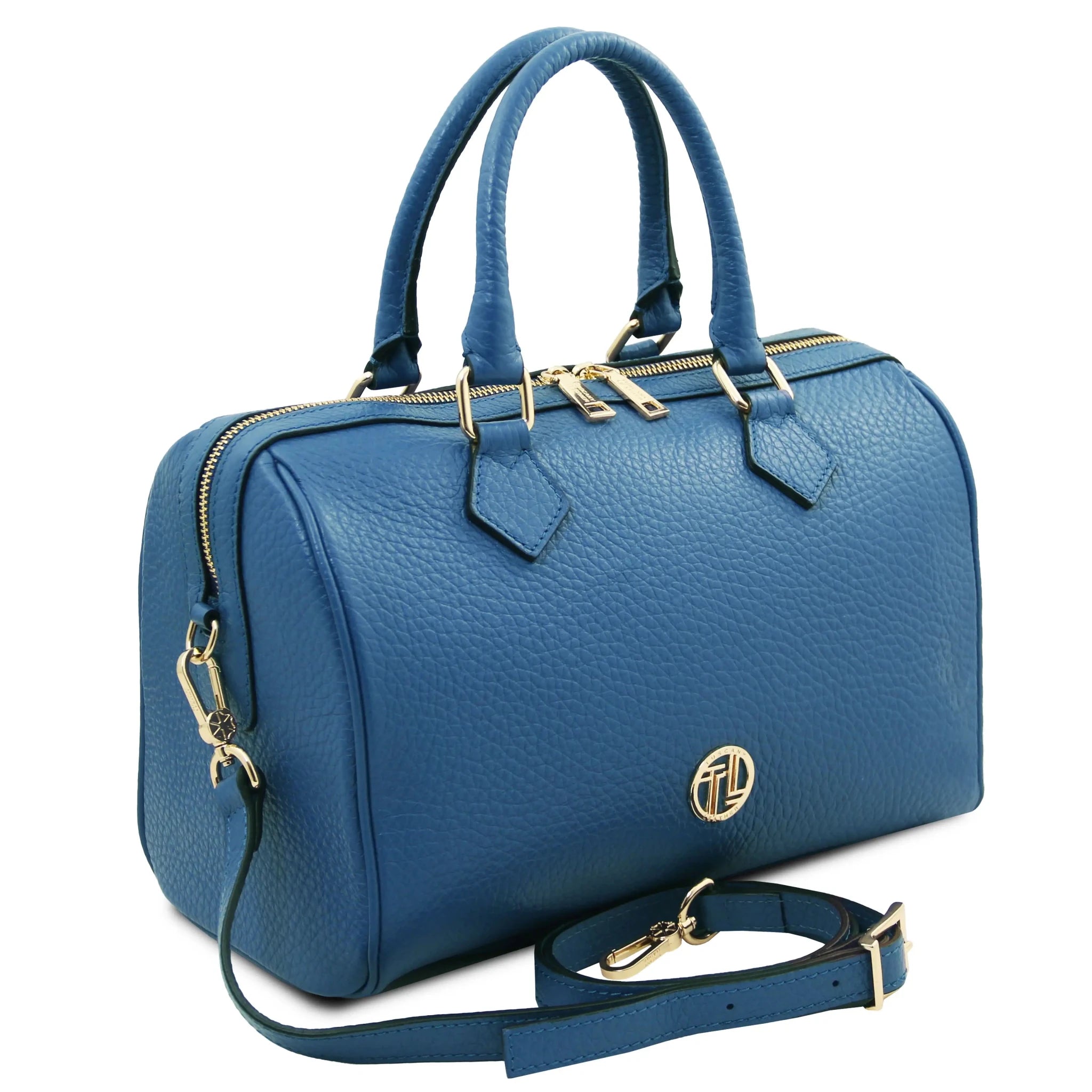 Front side angled View Barrique Leather Duffle bag in blue with shoulder strap
