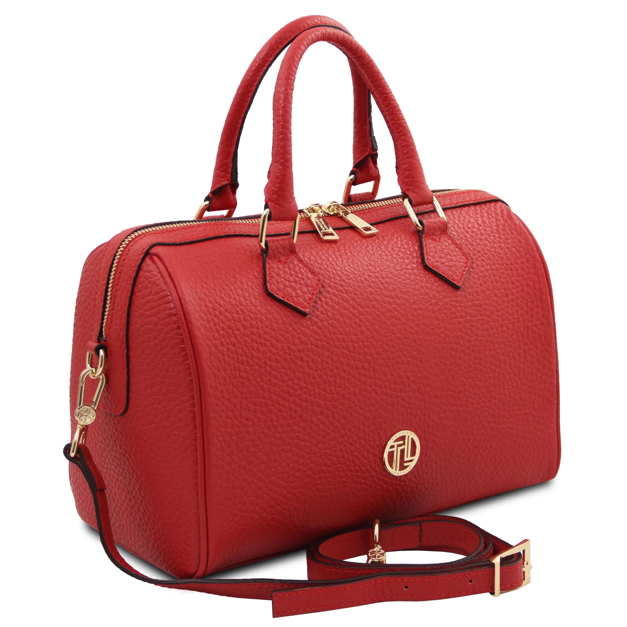 Front side angled View Barrique Leather Duffle bag in red with shoulder strap
