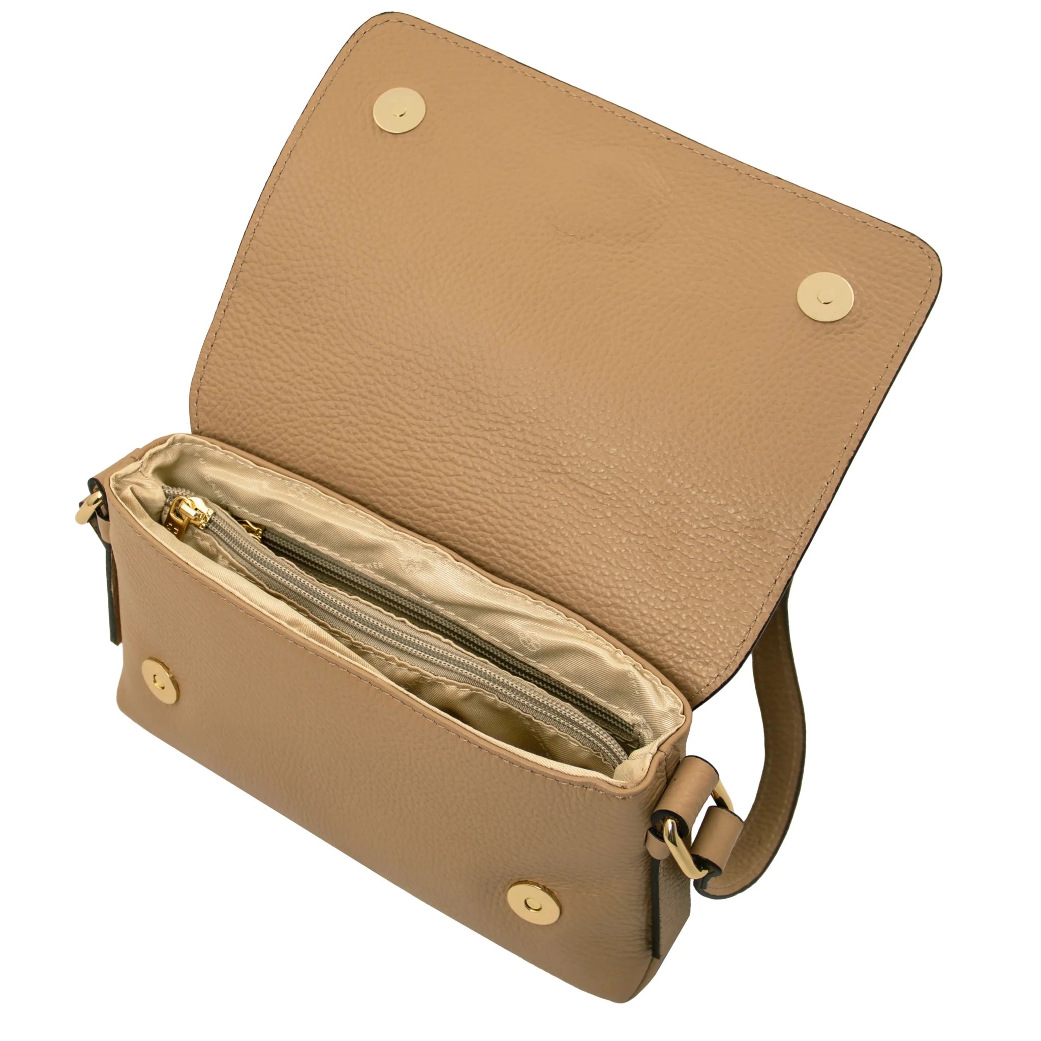Interior magnetic closure view Biscuit Soft Shoulder Bag in Caramel on white background