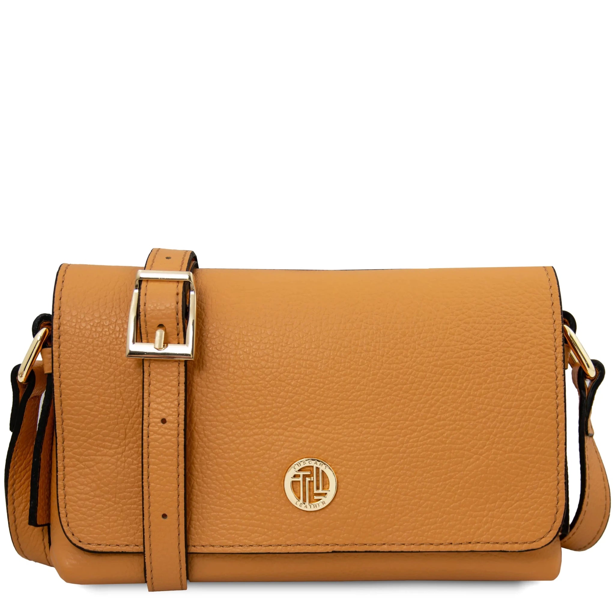 Front view Biscuit Soft Italian Leather Shoulder Bag in apricot with handle on white background