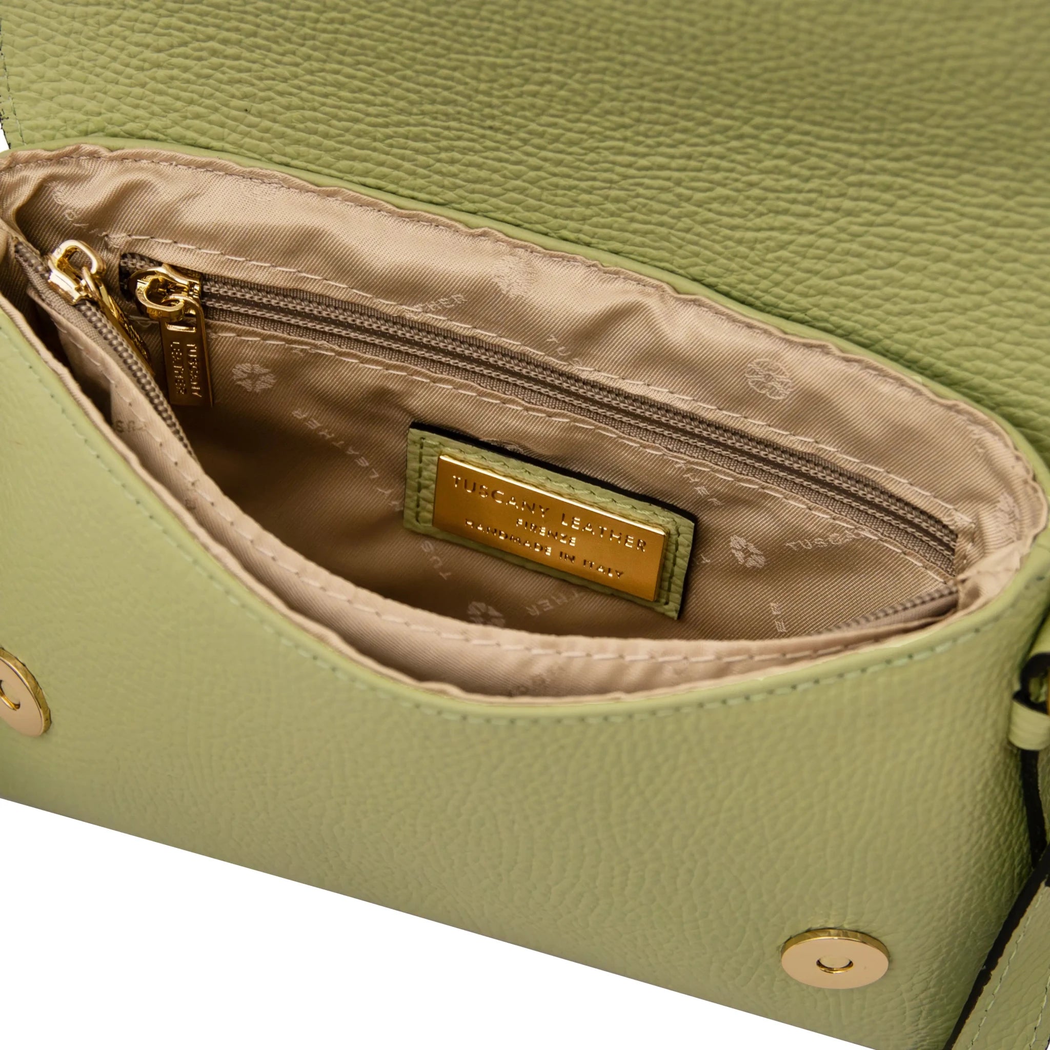 Interior zip and central compartment pockets beige lining view Biscuit Soft Shoulder Bag in lime green