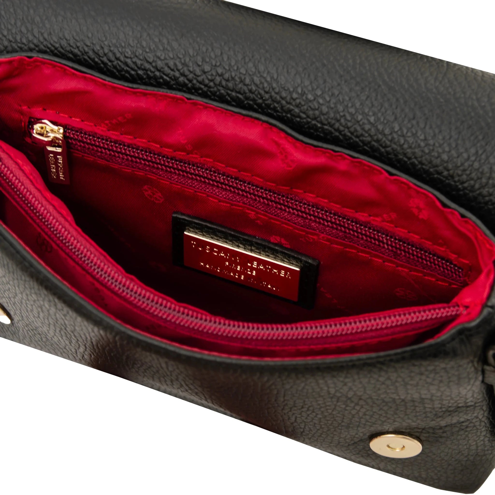 Interior magnetic closure view Biscuit Soft Shoulder Bag in Black on white background