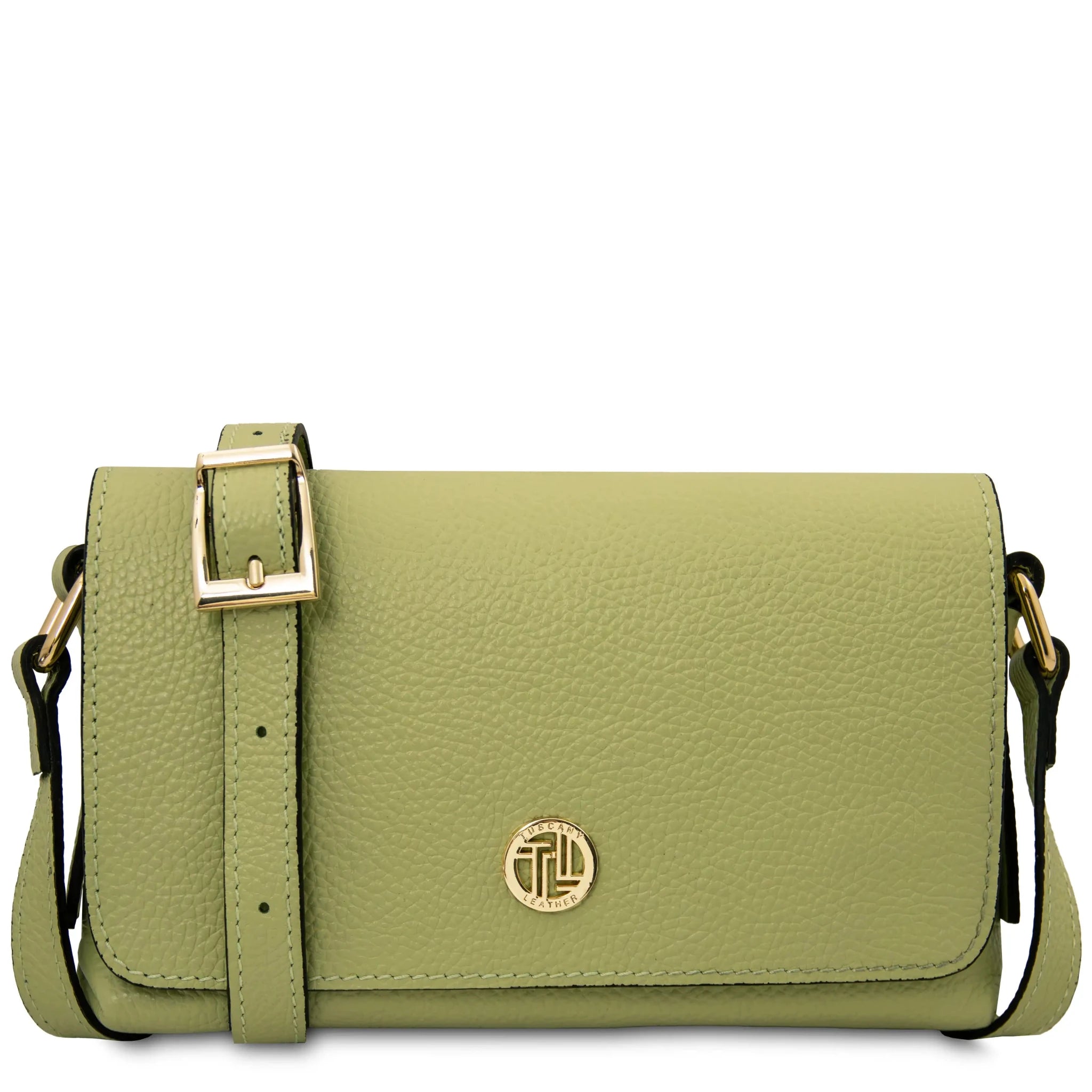 Front view Biscuit Soft Italian Leather Shoulder Bag in lime green on white background