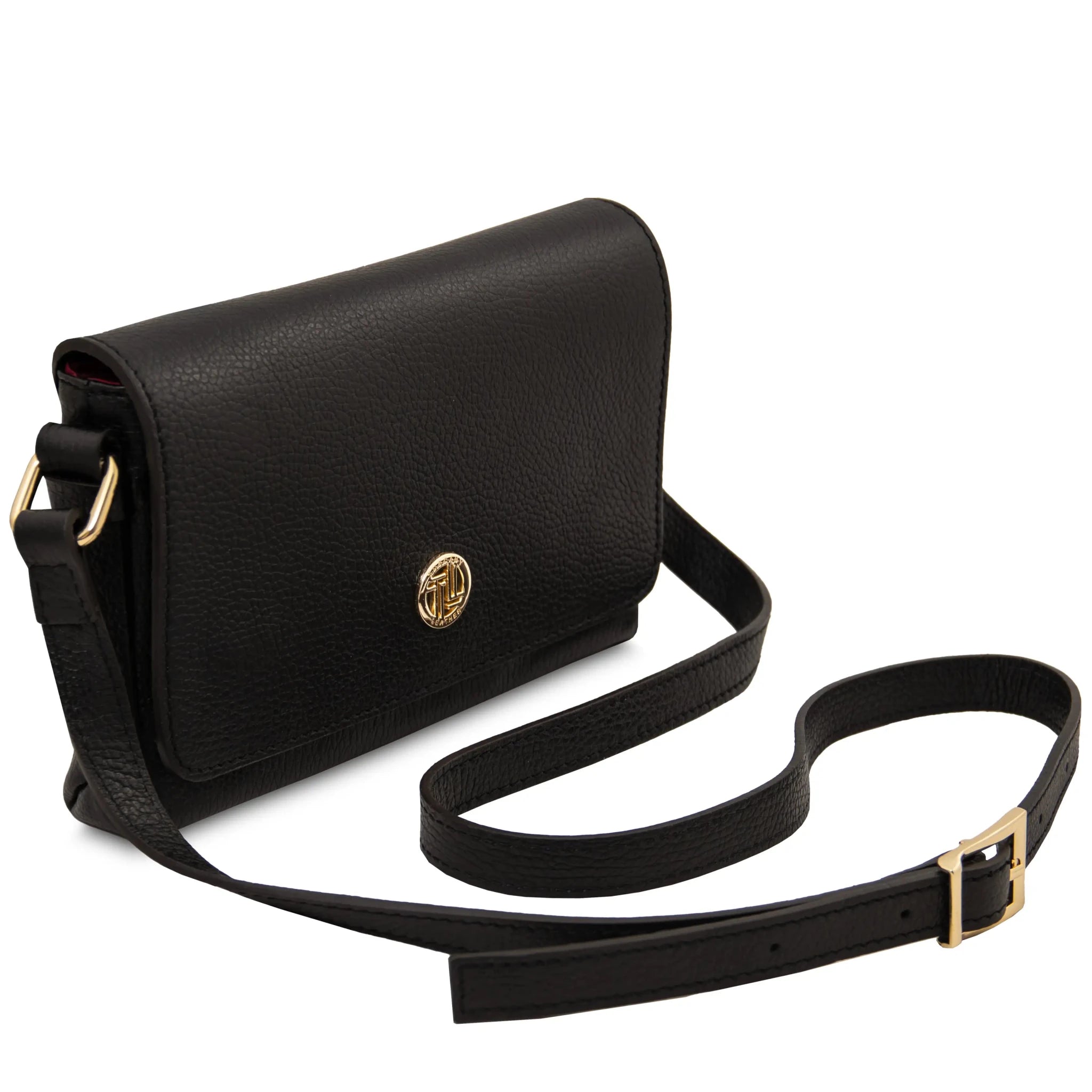 Front shoulder strap view Biscuit Soft Italian Leather Shoulder Bag in Black on white background