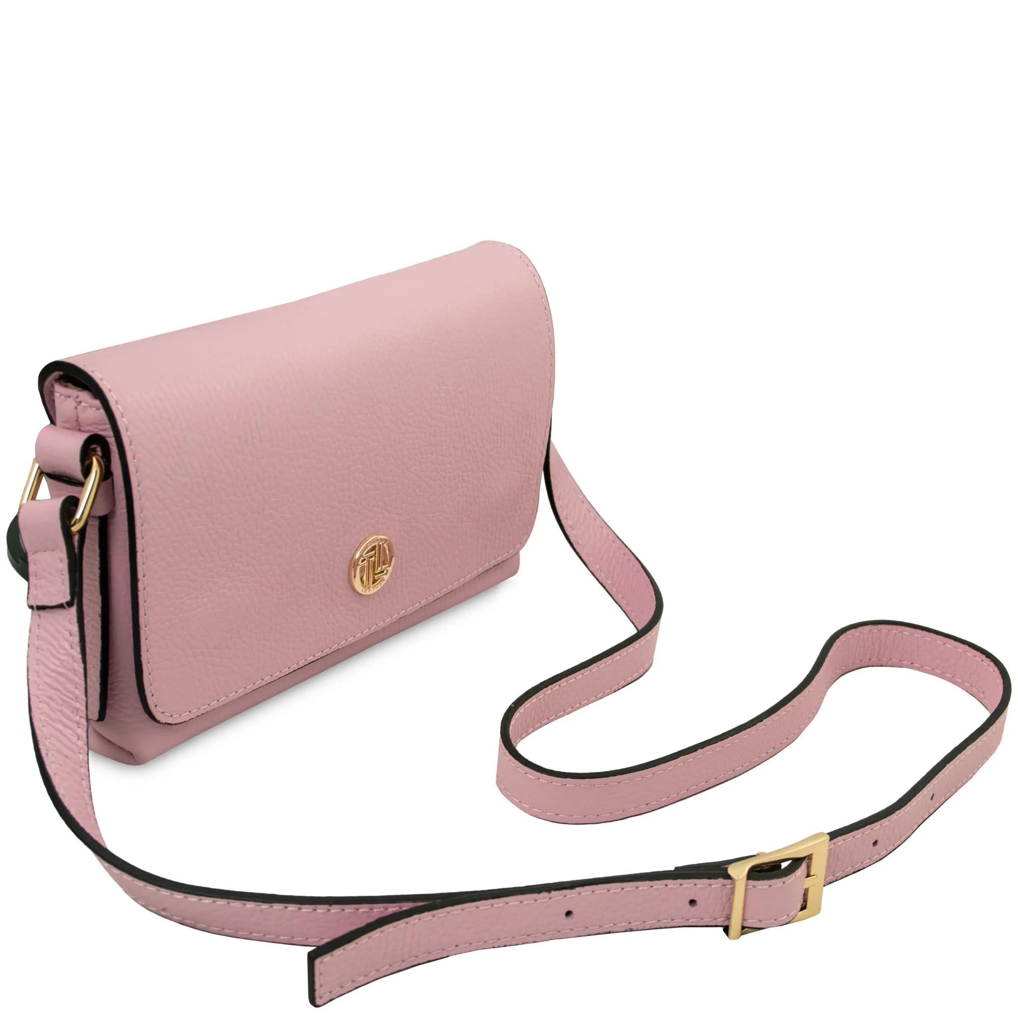 Front shoulder strap view Biscuit Soft Italian Leather Shoulder Bag in ballet pink on white obackground