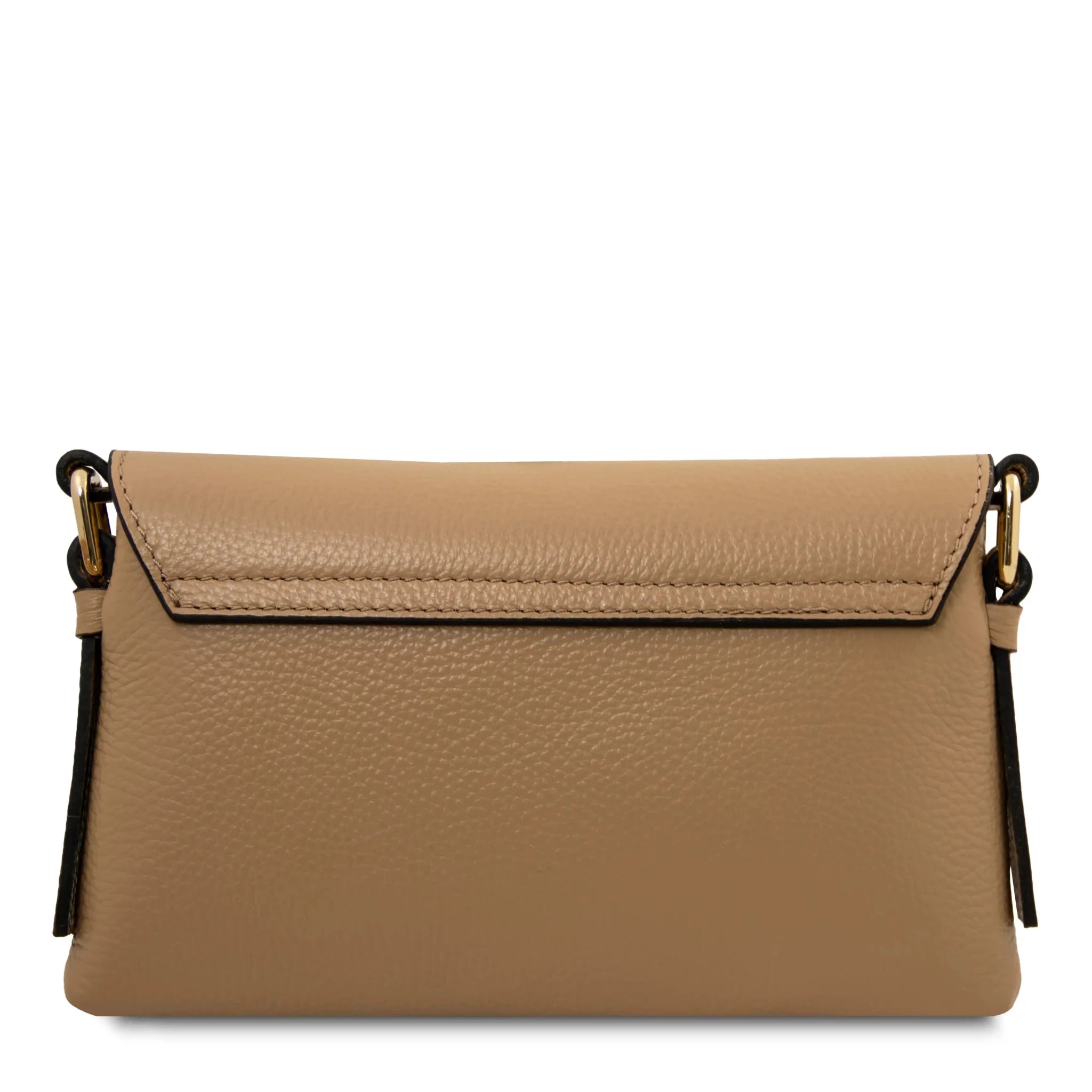 Back view Biscuit Soft Italian Leather Shoulder Bag in Caramel on white background