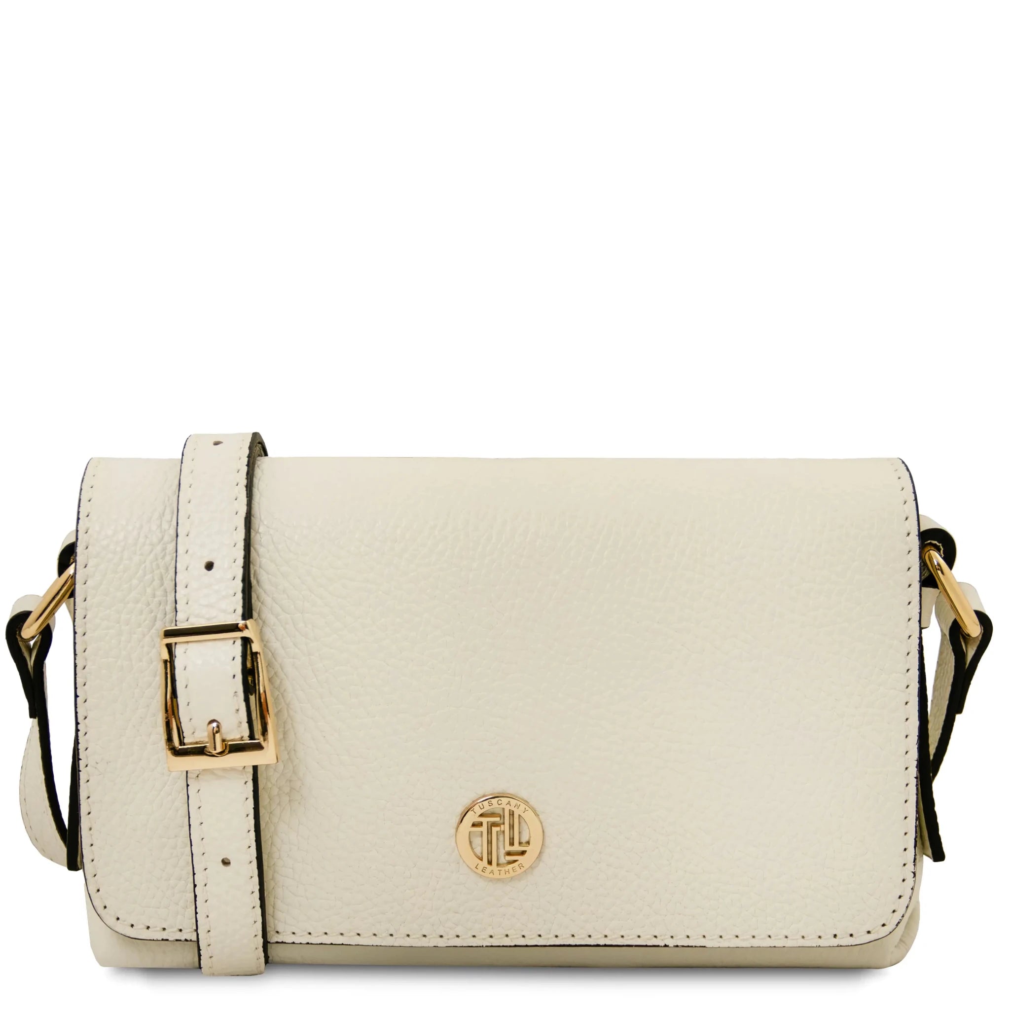 Front view Biscuit Soft Italian Leather Shoulder Bag in Beige on white background