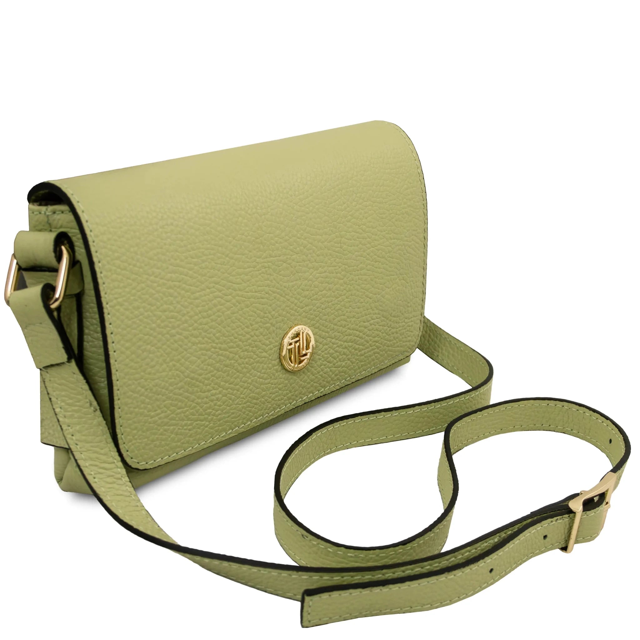 Front shoulder strap view Biscuit Soft Italian Leather Shoulder Bag in lime green on white background