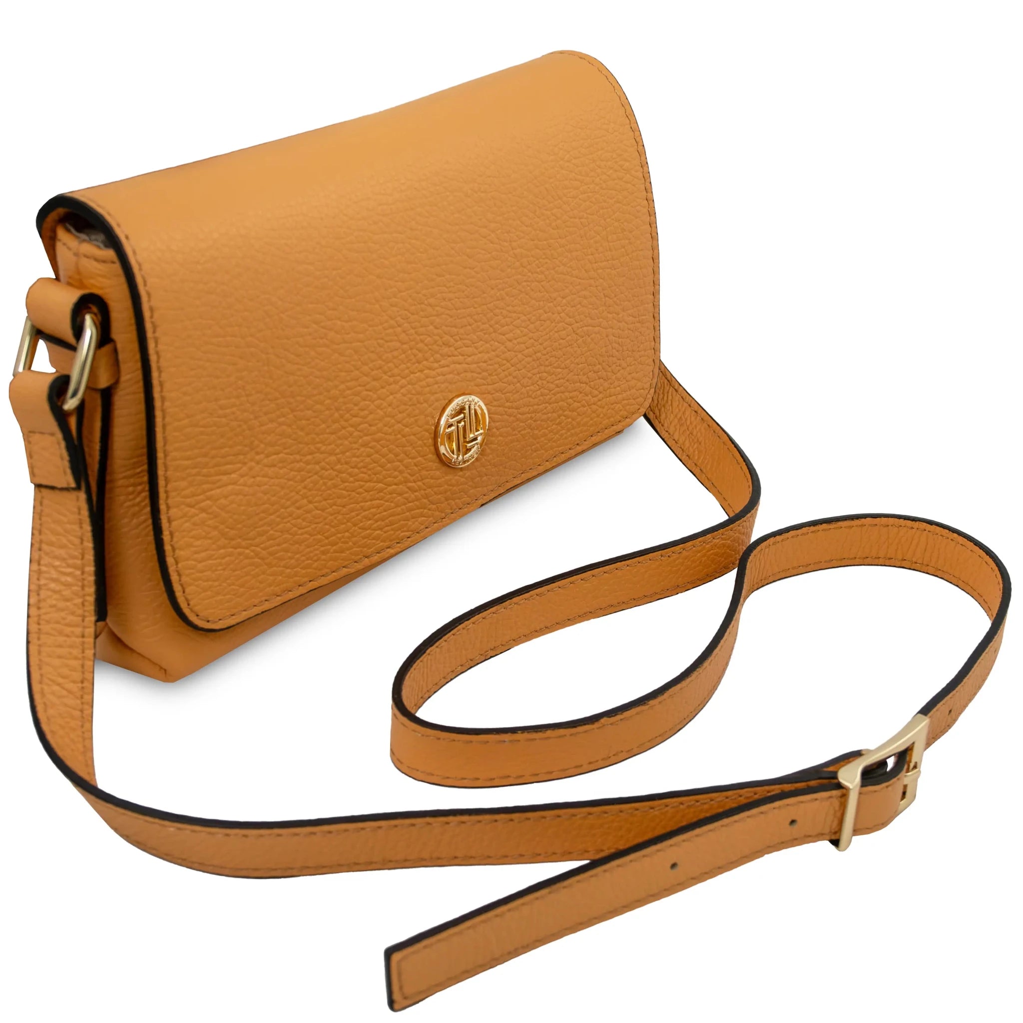 Front shoulder strap view Biscuit Soft Italian Leather Shoulder Bag in apricot on white background