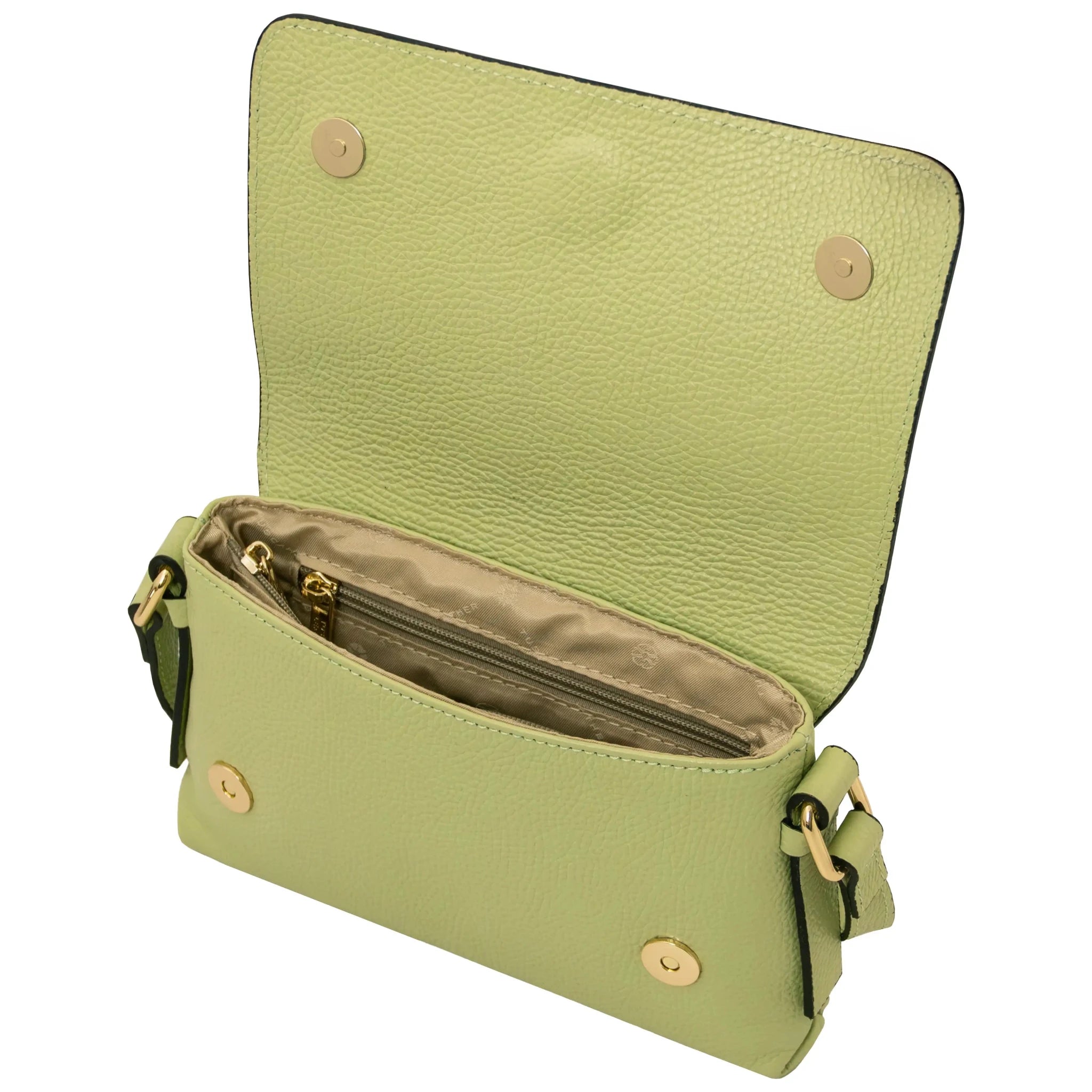 Interior magnetic closure view Biscuit Soft Shoulder Bag in lime green on white background