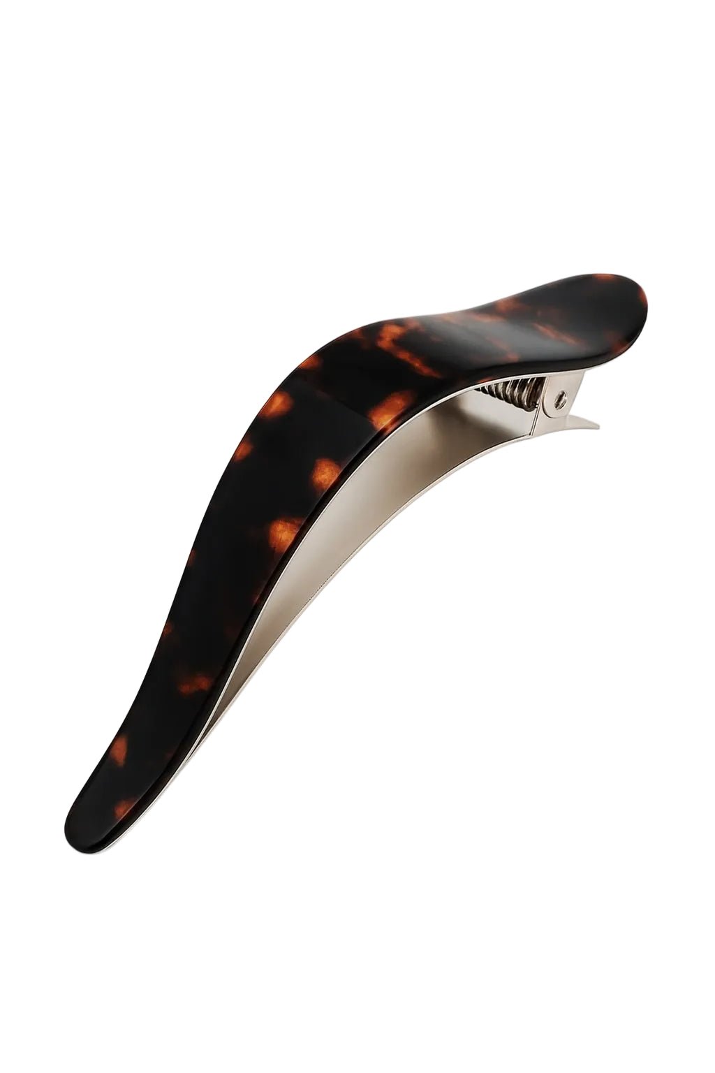 Hair clip with tortoiseshell design and silver hardware on a white background