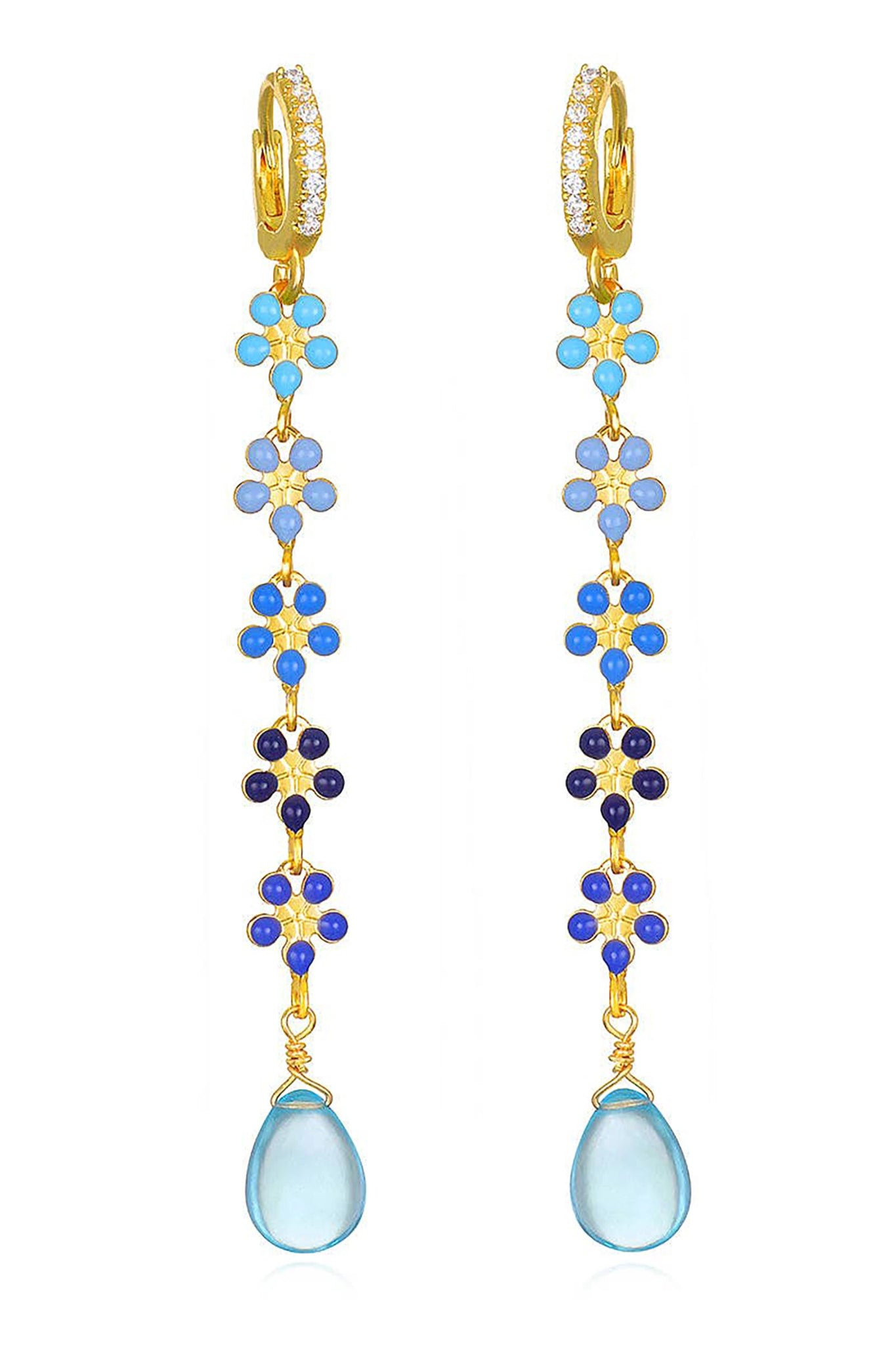 Blue Topaz Daisy Huggie Dangle Earrings on a white background