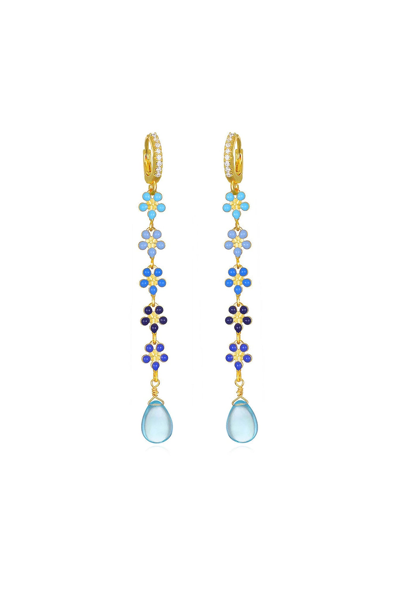 Blue Topaz Daisy Huggie Dangle Earrings on a white background