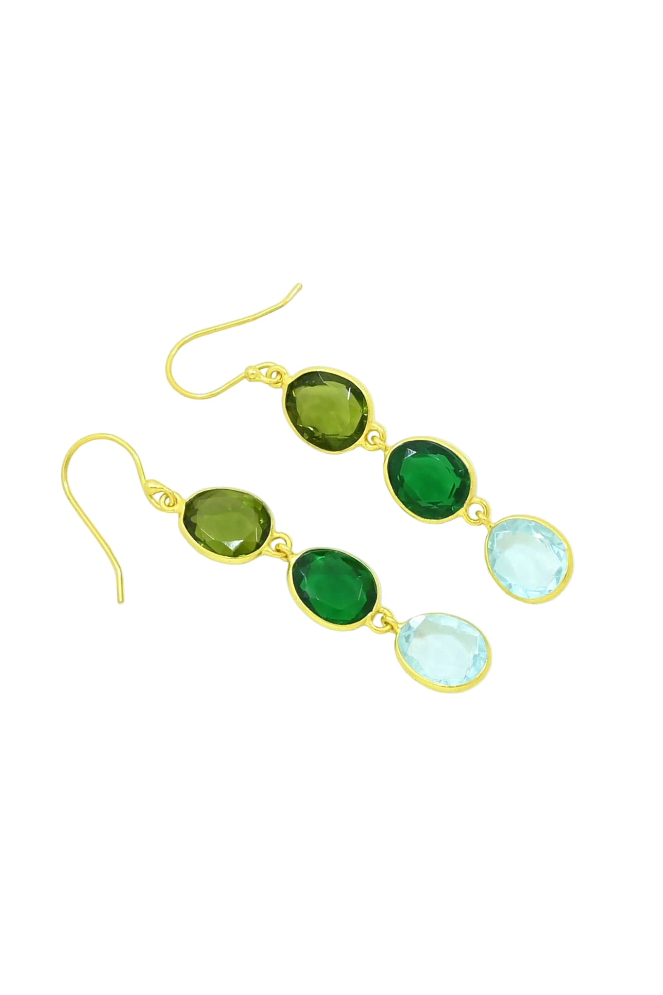 Gold-plated hook drop earrings featuring blue topaz and green tourmaline gemstones set in 925 silver; lightweight and nickel-free