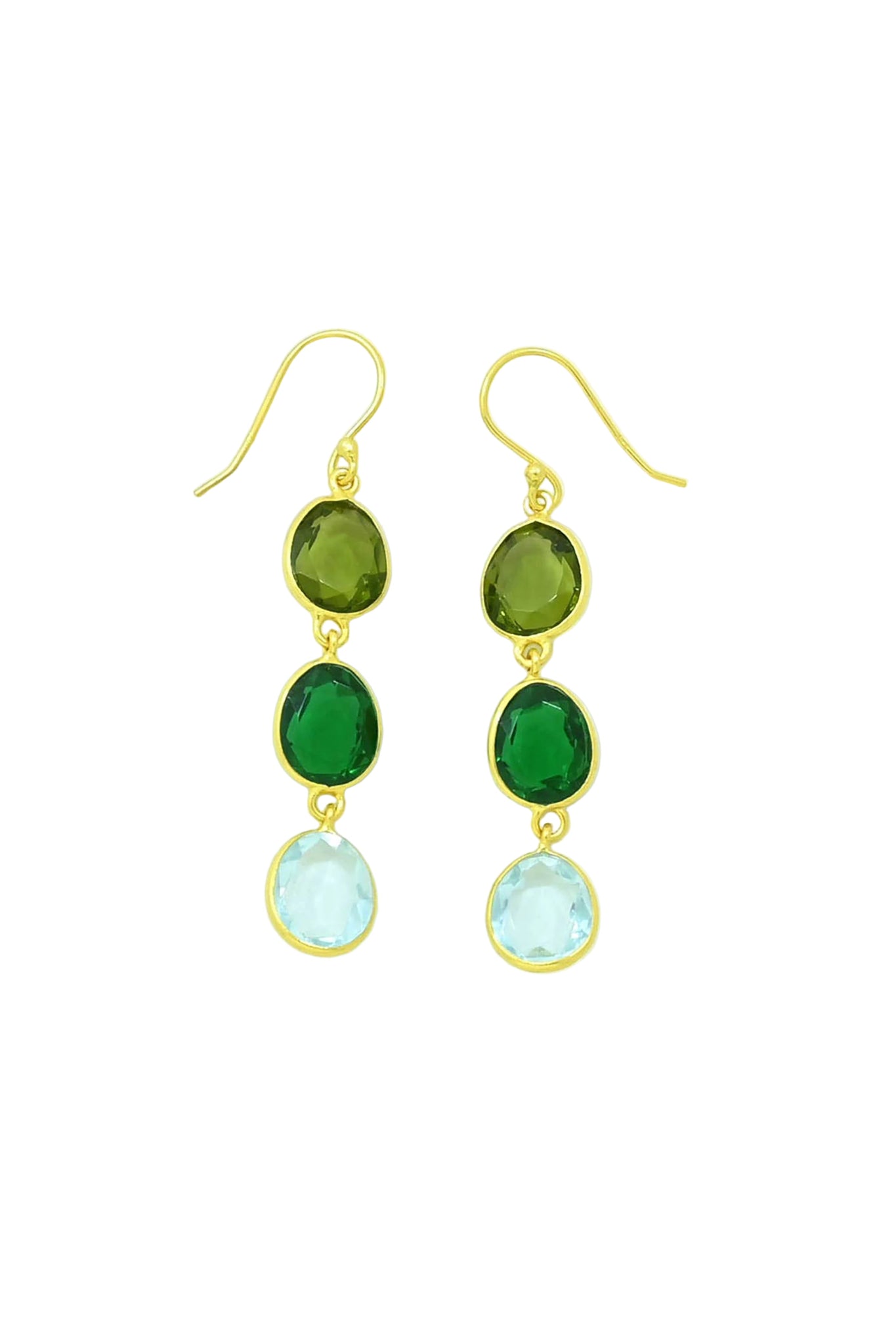 Front view Gold-plated hook drop earrings featuring blue topaz and green tourmaline gemstones