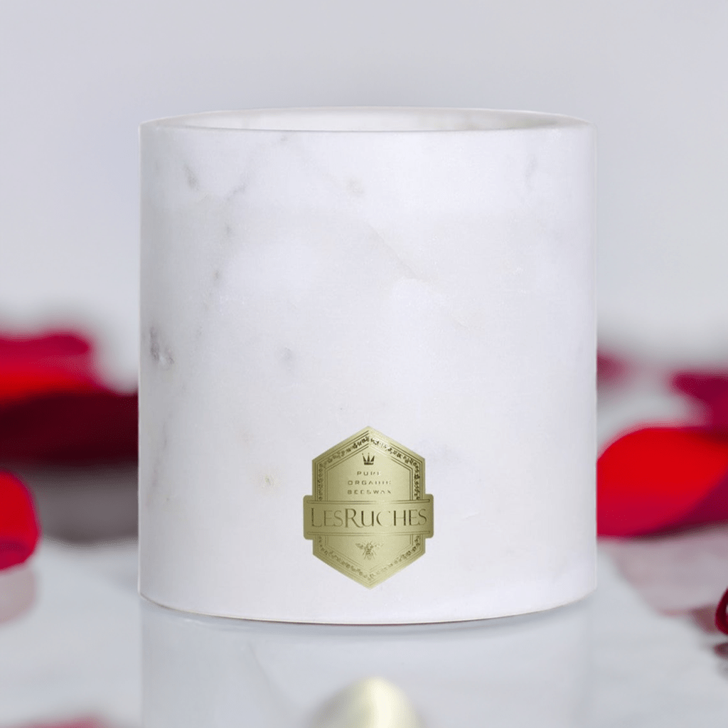Bois de Santal Beeswax Candle 32 oz, on a red and white floral background