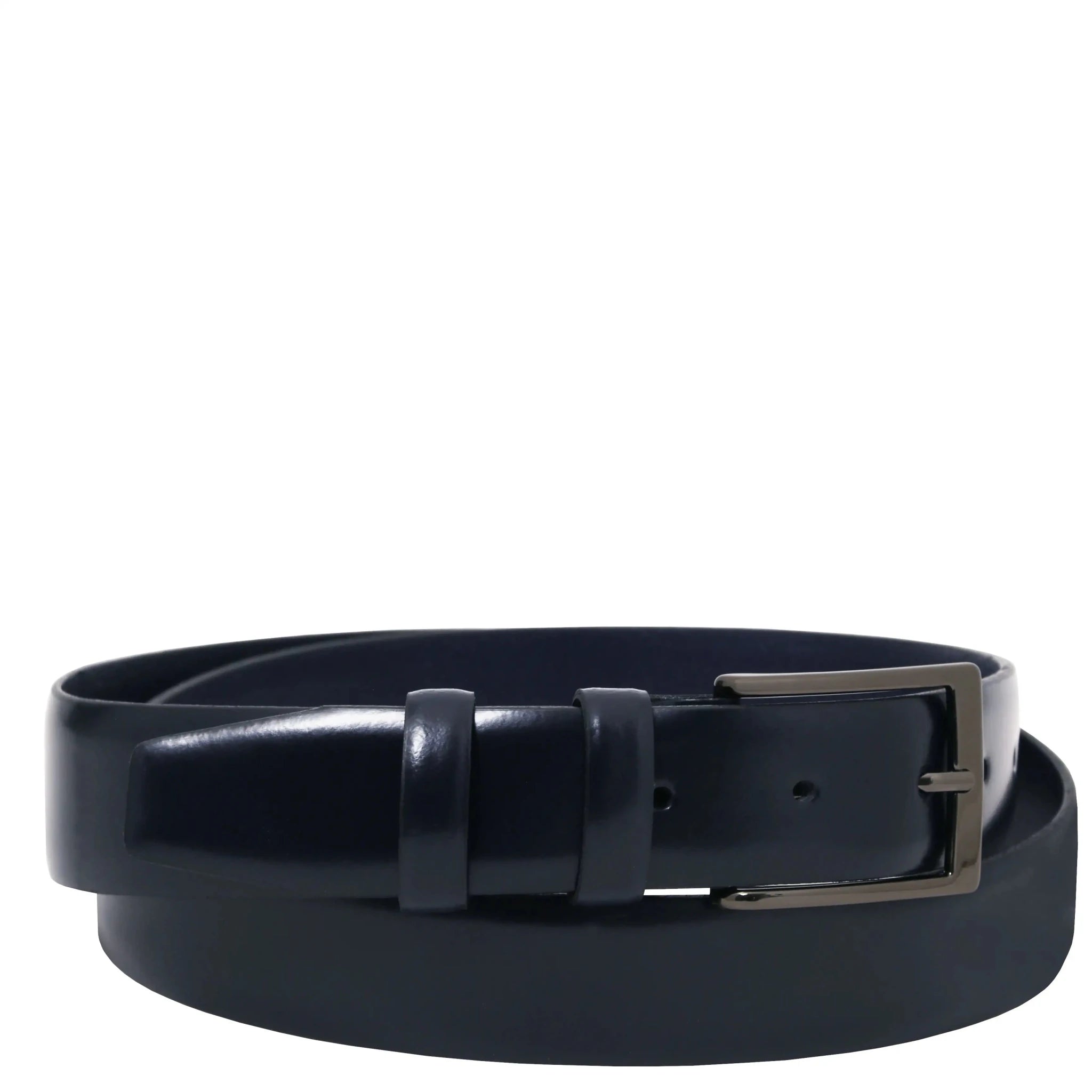 Dark blue belt with a brushed gun metal buckle on a white background
