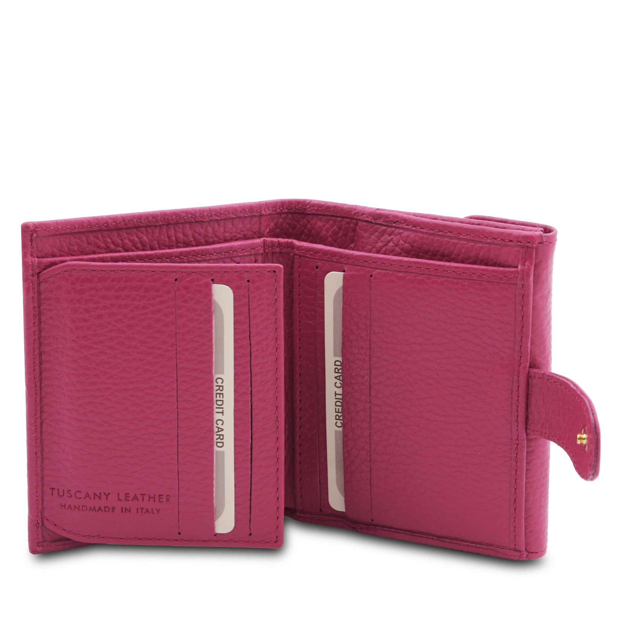 Interior 6 Card Slots and currency pocket View Calliope Exclusive 3 Fold Leather Wallet in fuchsia on a white background