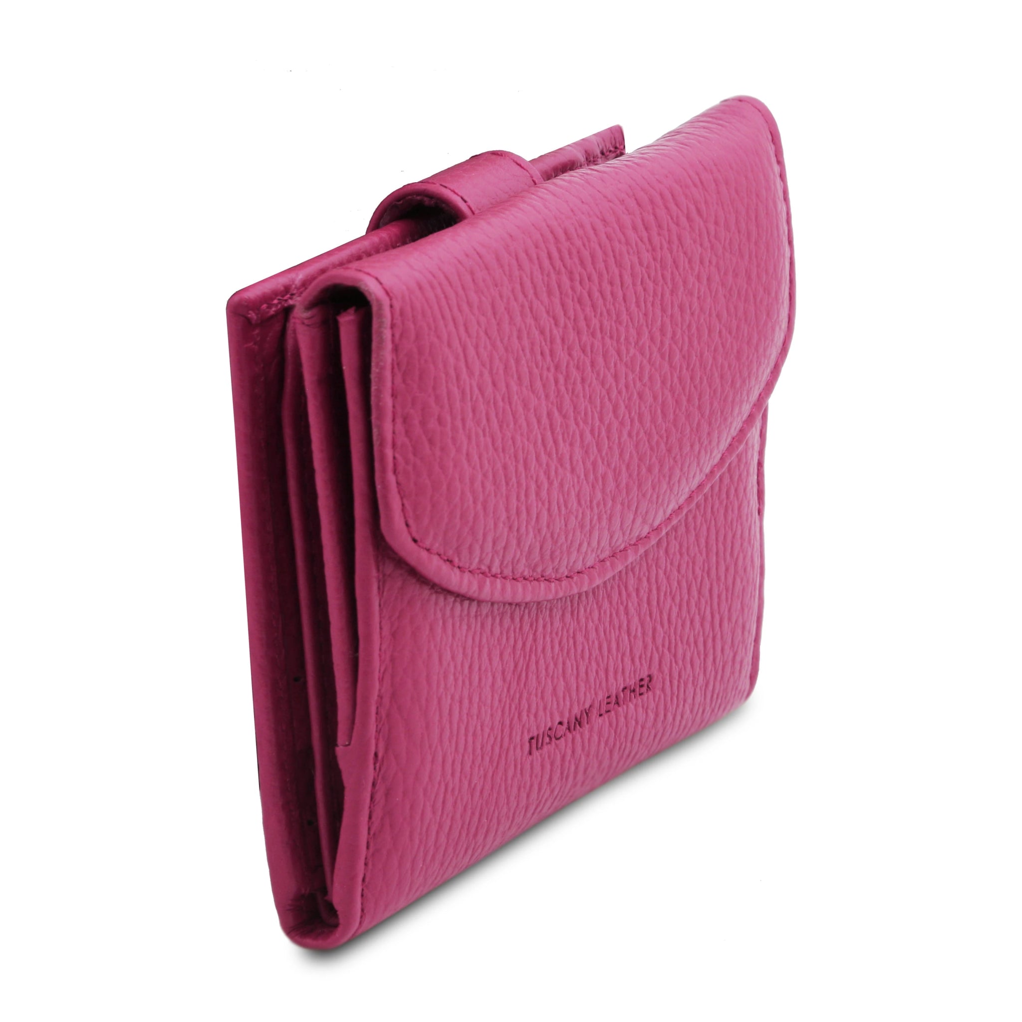 Front Side View Calliope Exclusive 3 Fold Leather Wallet in fuchsia on a white background
