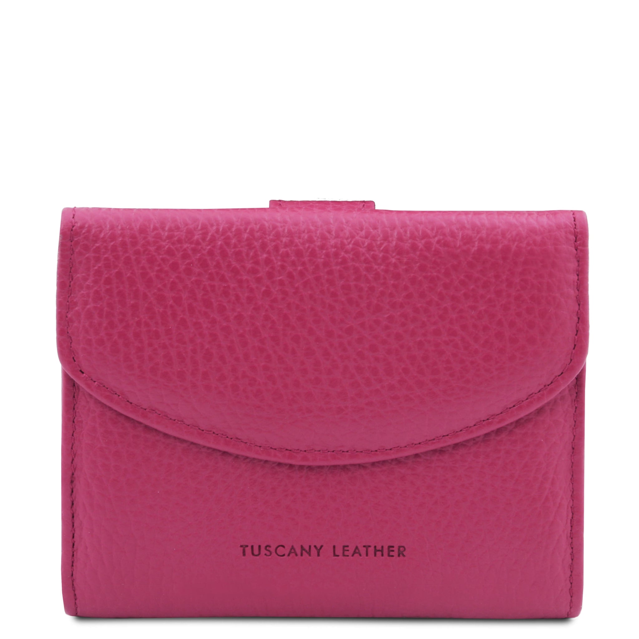 Front View Calliope Exclusive 3 Fold Leather Wallet in fuschia on a white background
