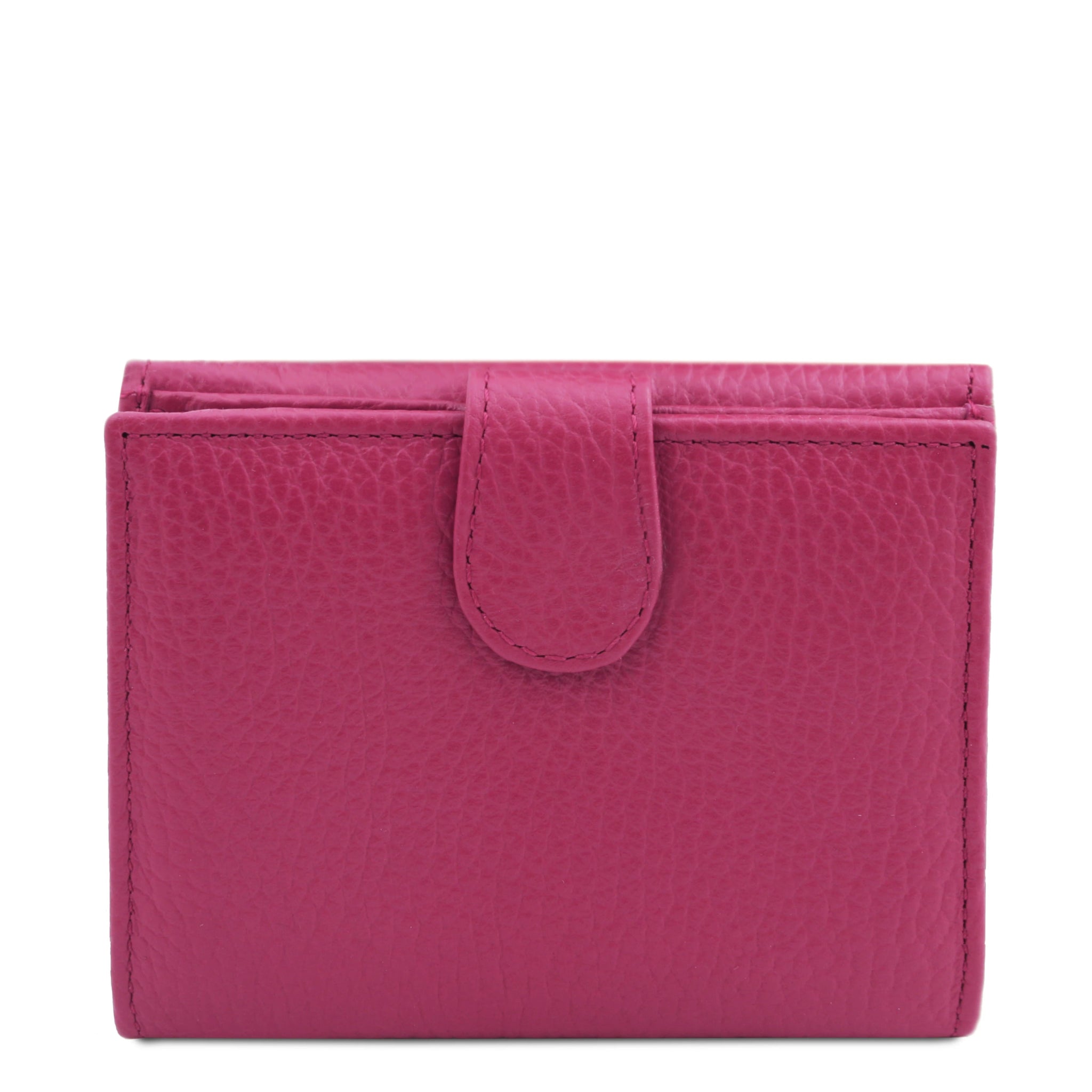 Rear View snap button closure Calliope Exclusive 3 Fold Leather Wallet in fuchsia on a white background