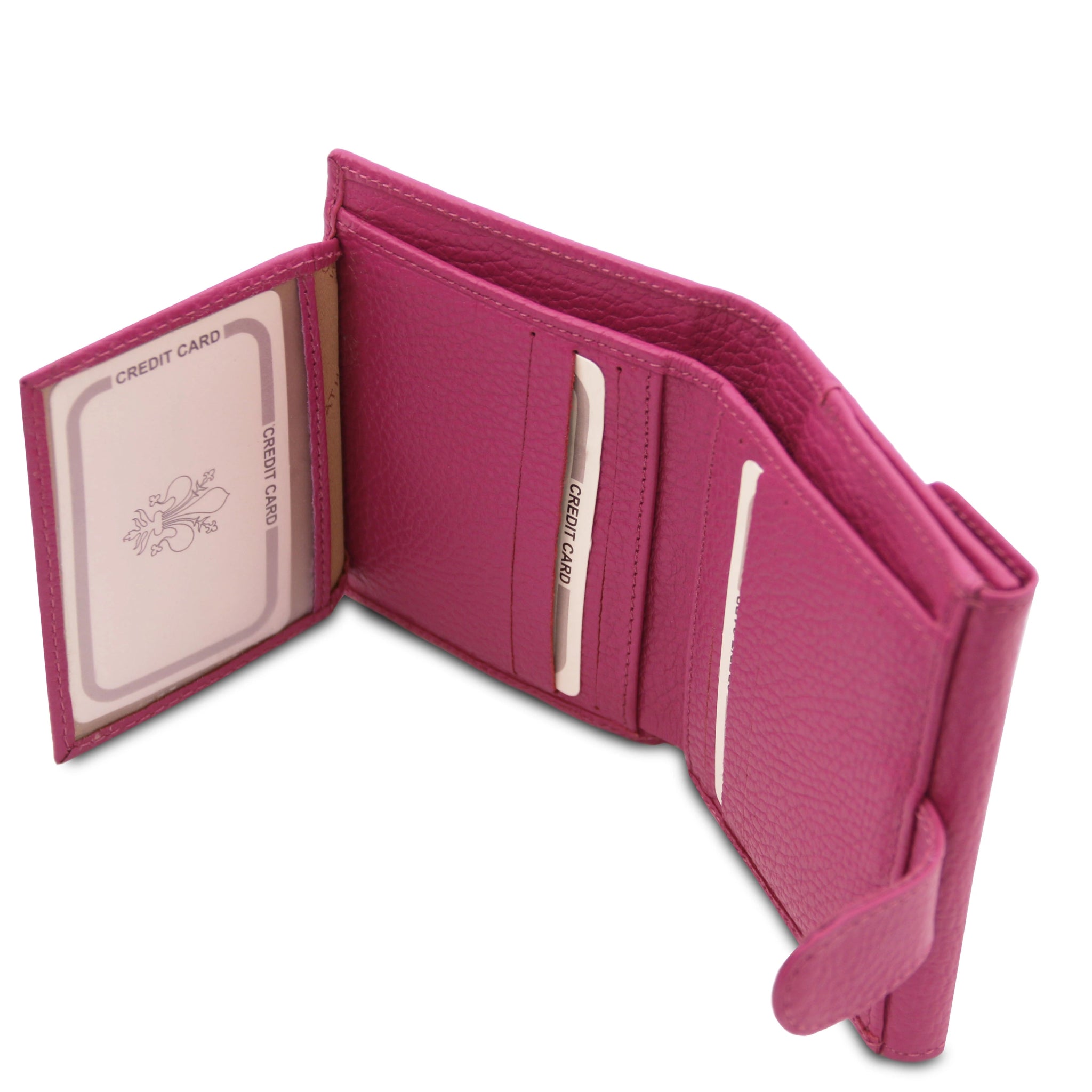 Interior 6 Card Slots, currency pocket View, clear ID pocket view Calliope Exclusive 3 Fold Leather Wallet in fuchsia on a white background