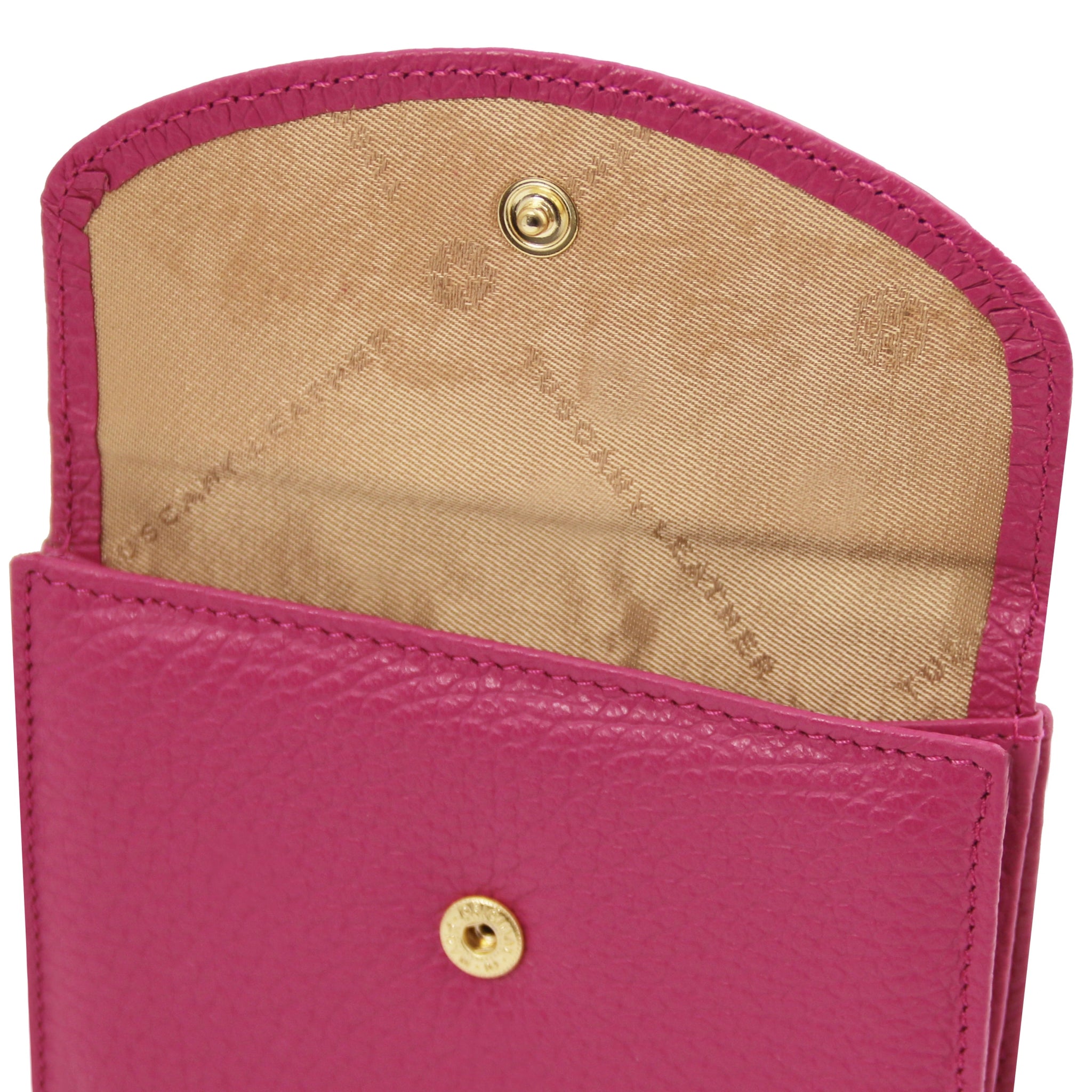 Open coin pocket view Calliope Exclusive 3 Fold Leather Wallet in fuchsia on a white background