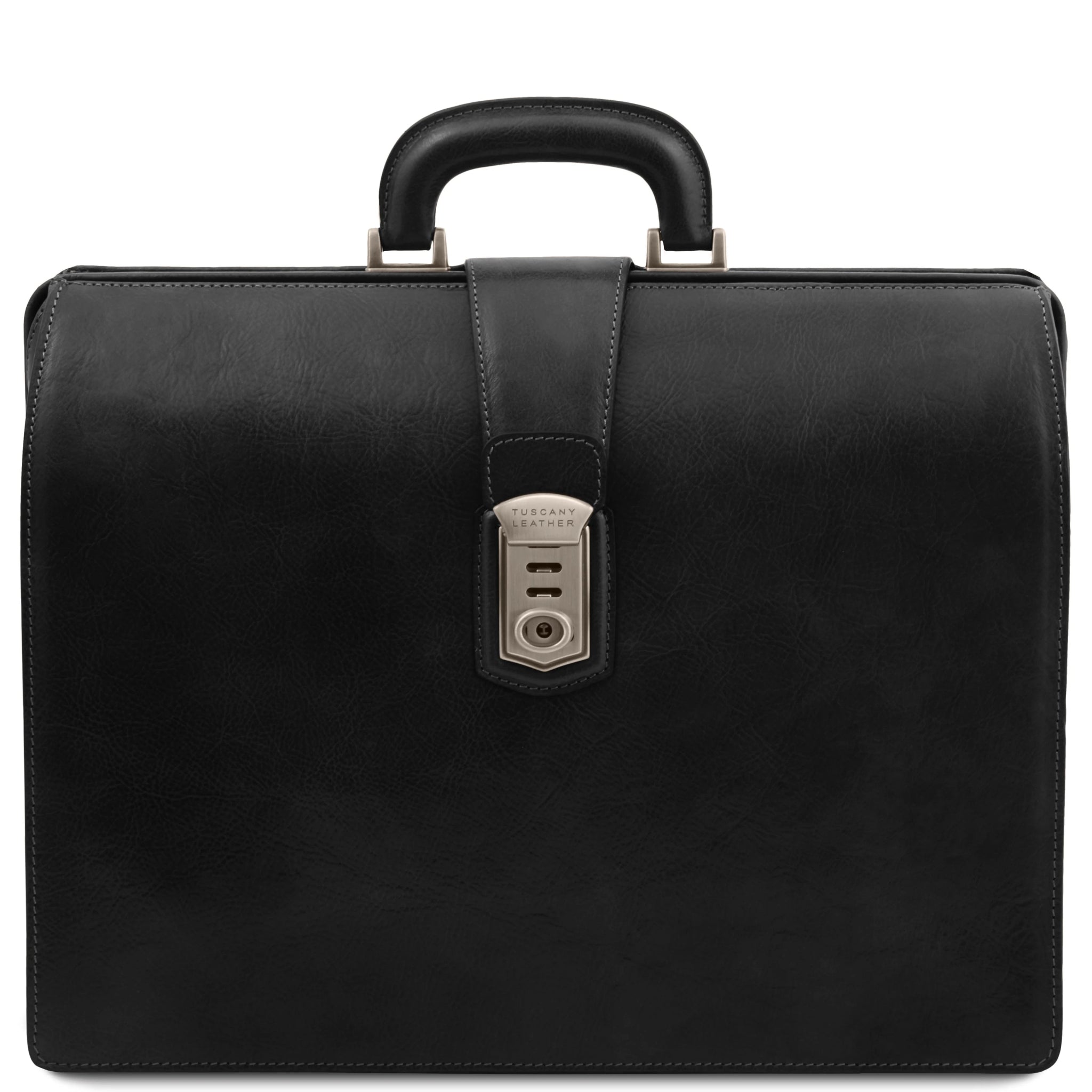 Front view Canova Leather Doctor Bag Briefcase 3 Compartments with silver tone hardware in black on a white background