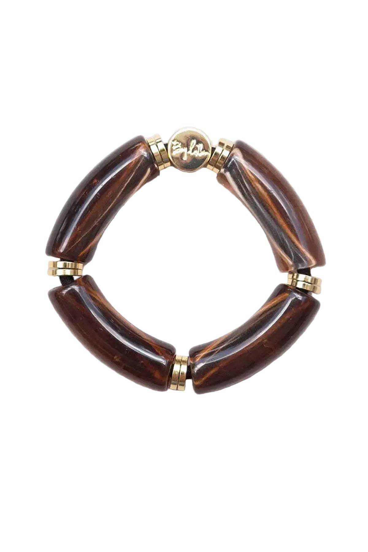 Brown bracelet with gold accents on a light gray background