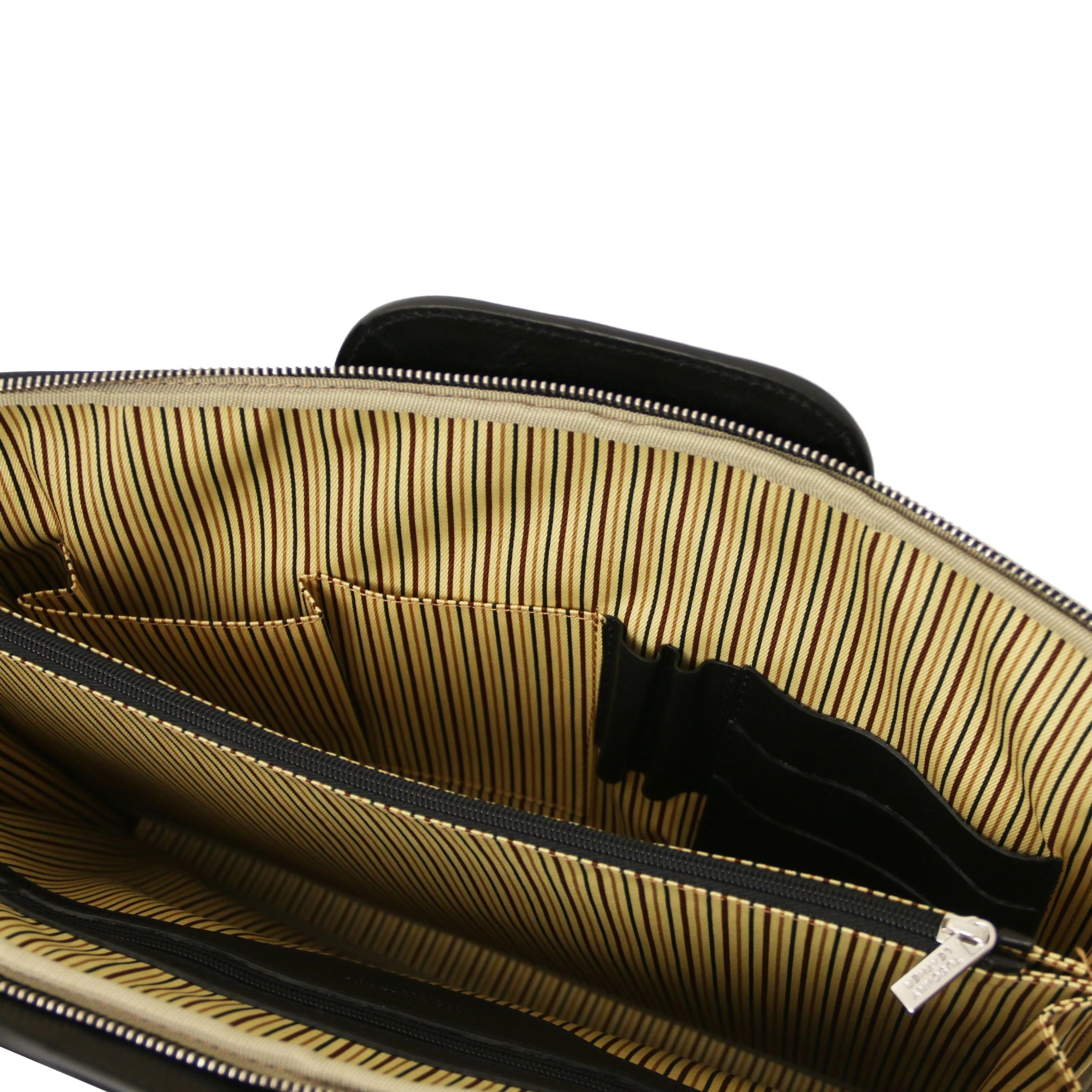 Caserta Document Italian Matte Leather Briefcase black showing center and zippered compartment, cotton lining, pockets