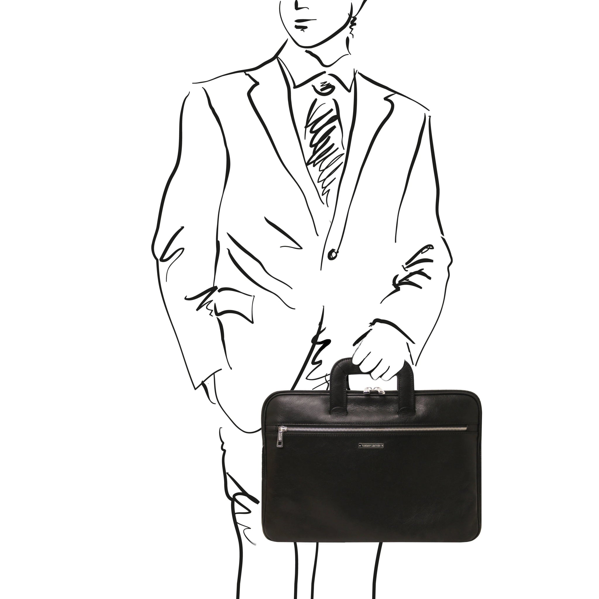 Black and white sketch of man holding the Caserta Document Italian Matte Leather Briefcase in black