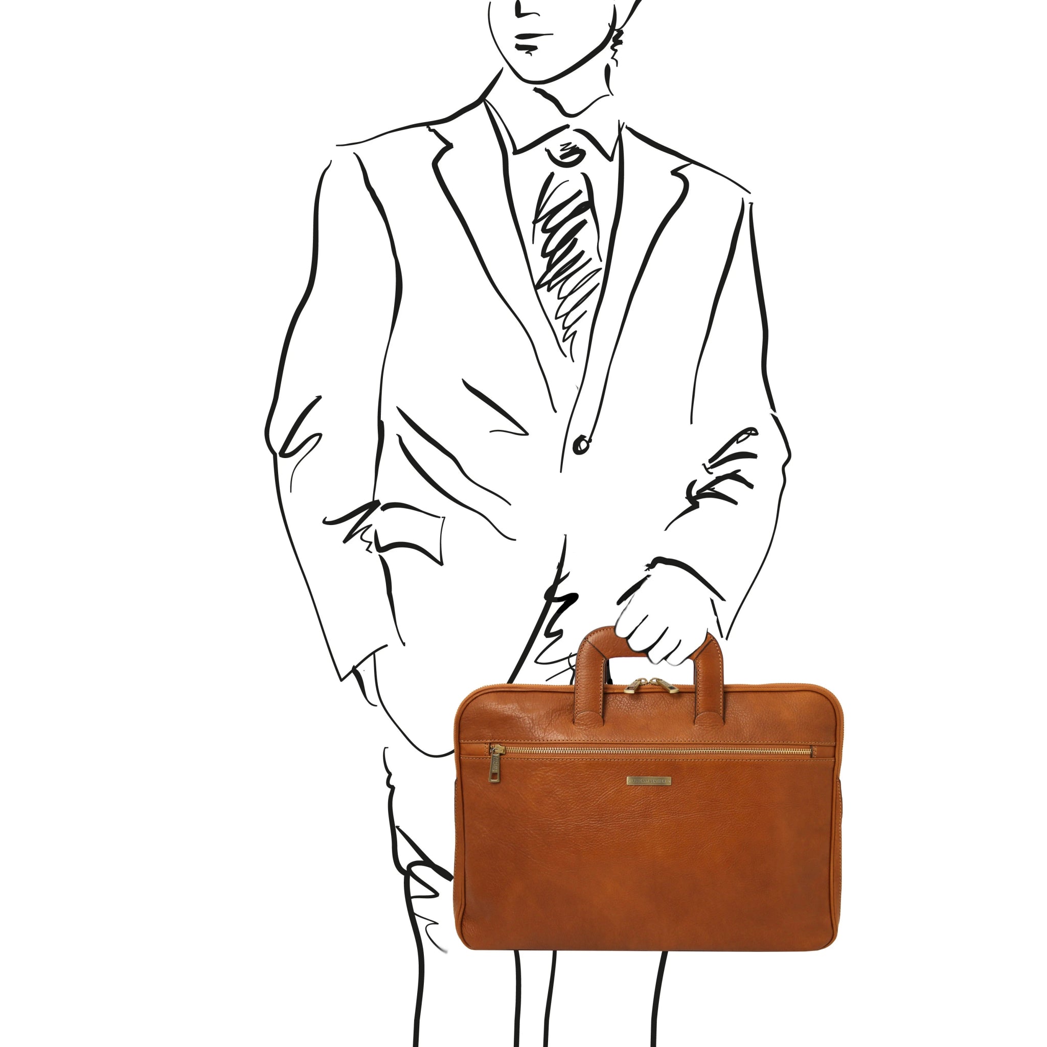 Black and white sketch of man holding the Caserta Document Italian Matte Leather Briefcase in natural