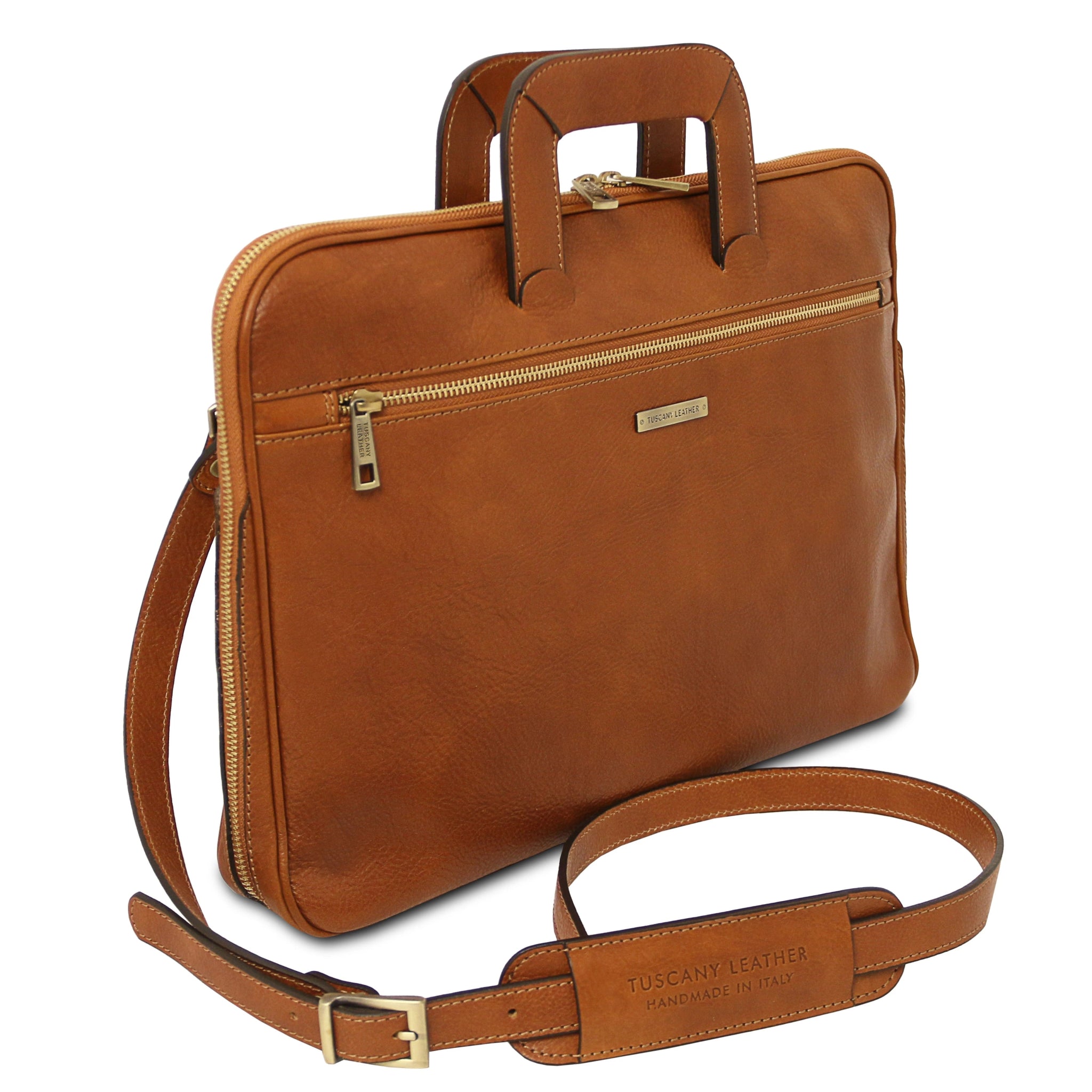 Caserta Document Italian Matte Leather Briefcase natural showing squared angle handle, exterior zip pocket shoulder strap