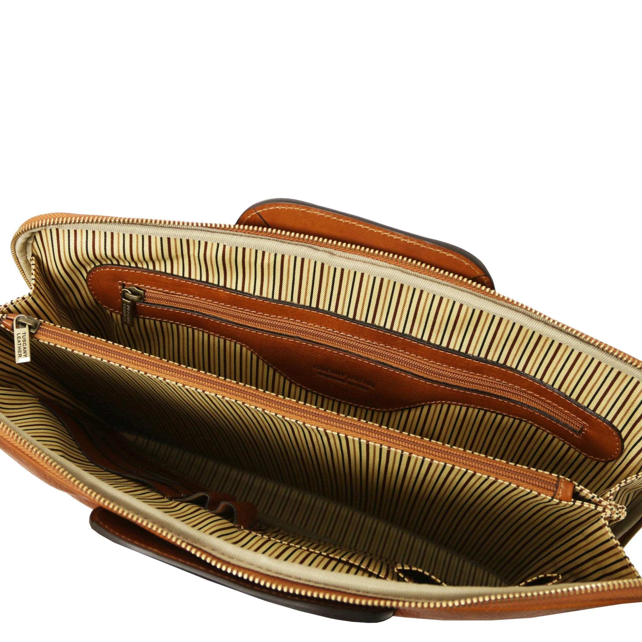 Caserta Document Italian Matte Leather Briefcase natural showing center compartment, zippered compartment, and cotton lining