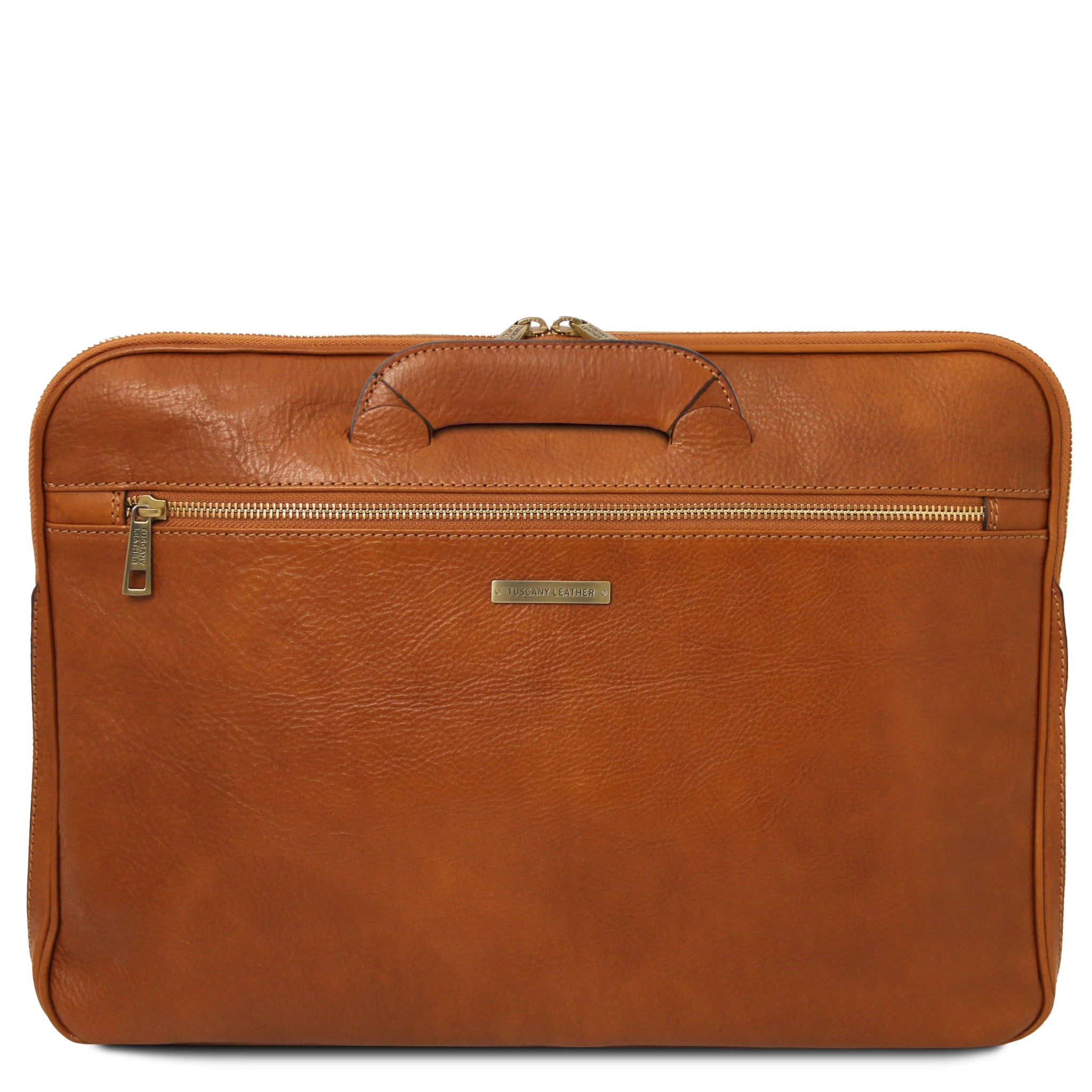 Front view Caserta Document Italian Matte Leather Briefcase natural showing squared angle handle pushed down