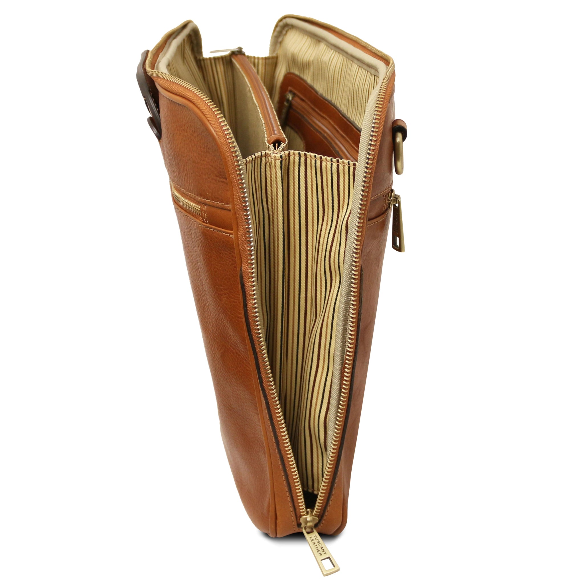 Side interior view Caserta Document Italian Matte Leather Briefcase natural showing compartments, striped ticking lining