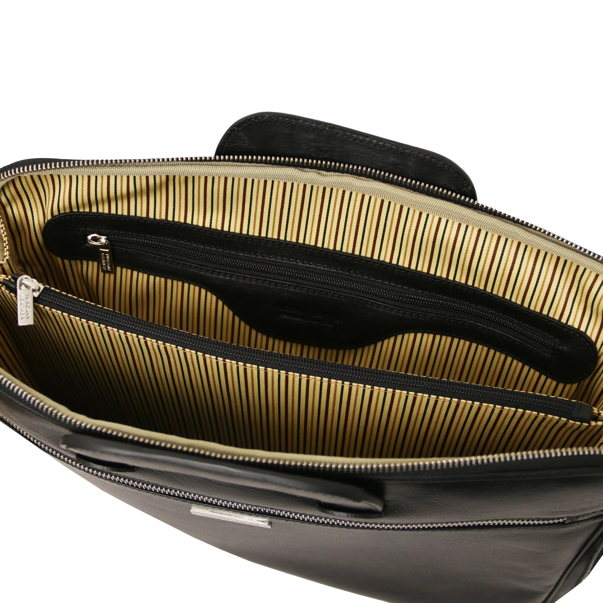 Caserta Document Italian Matte Leather Briefcase black showing center compartment, zippered compartment, and cotton lining