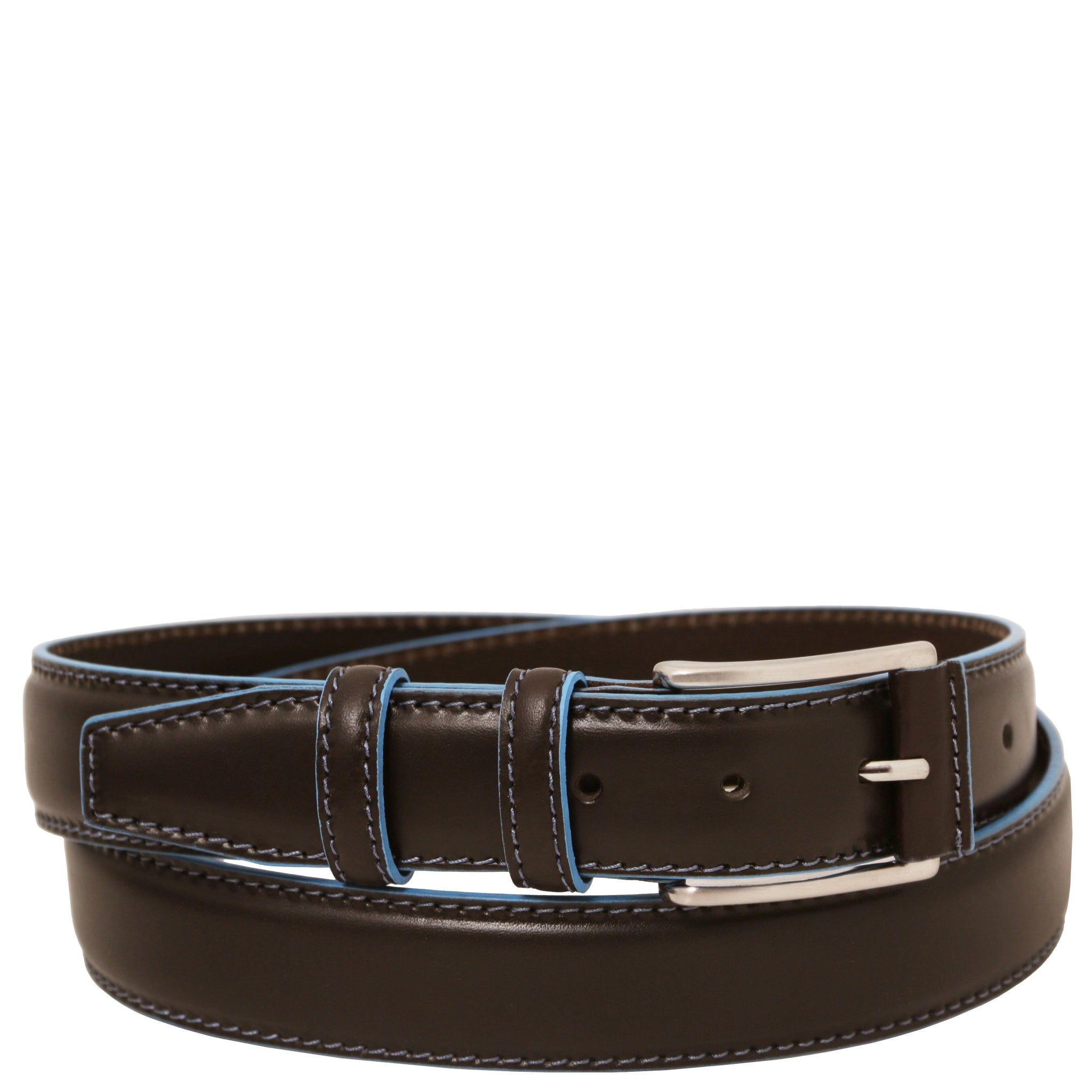 Brown leather belt with silver buckle on a white background