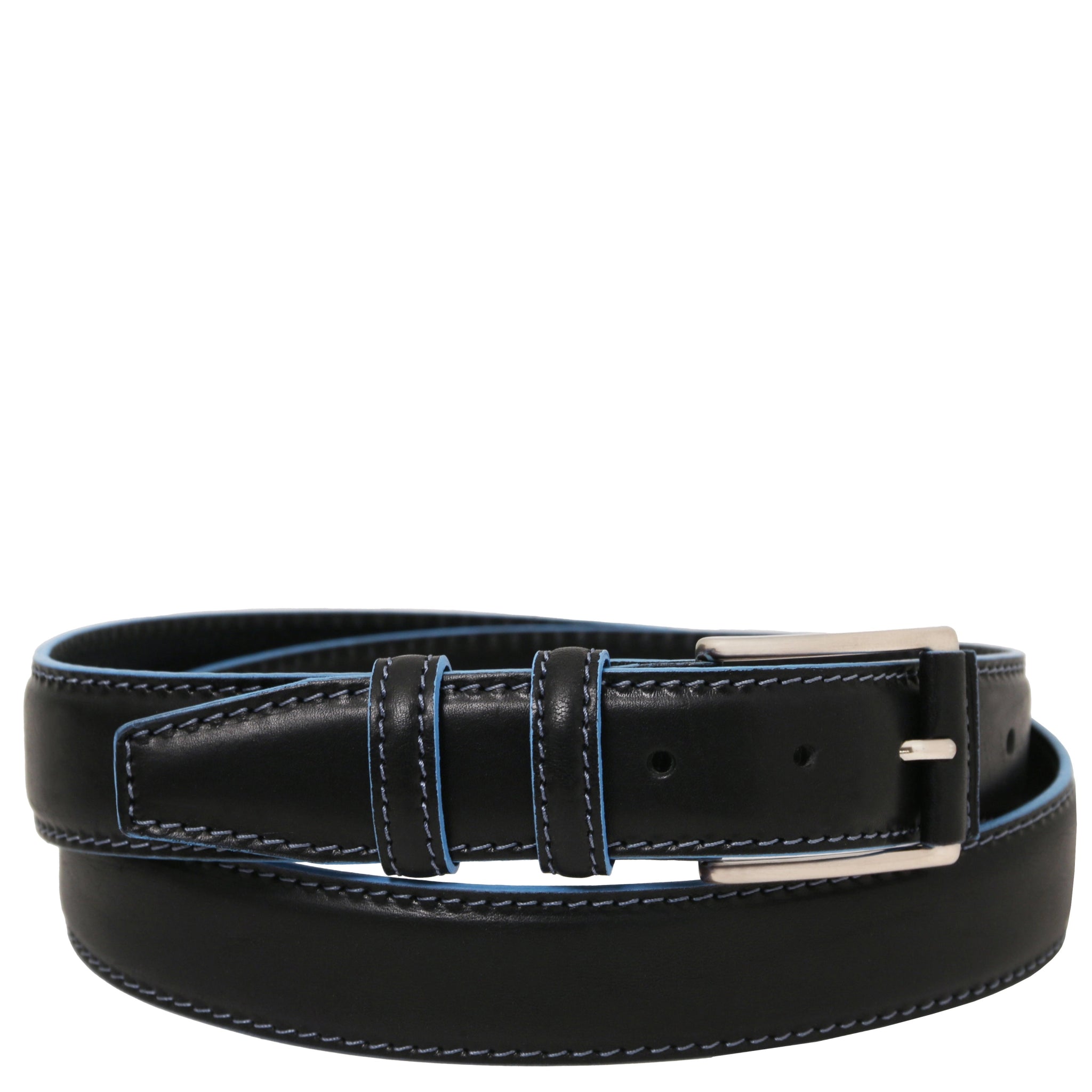 Black leather belt with blue stitching on a white background