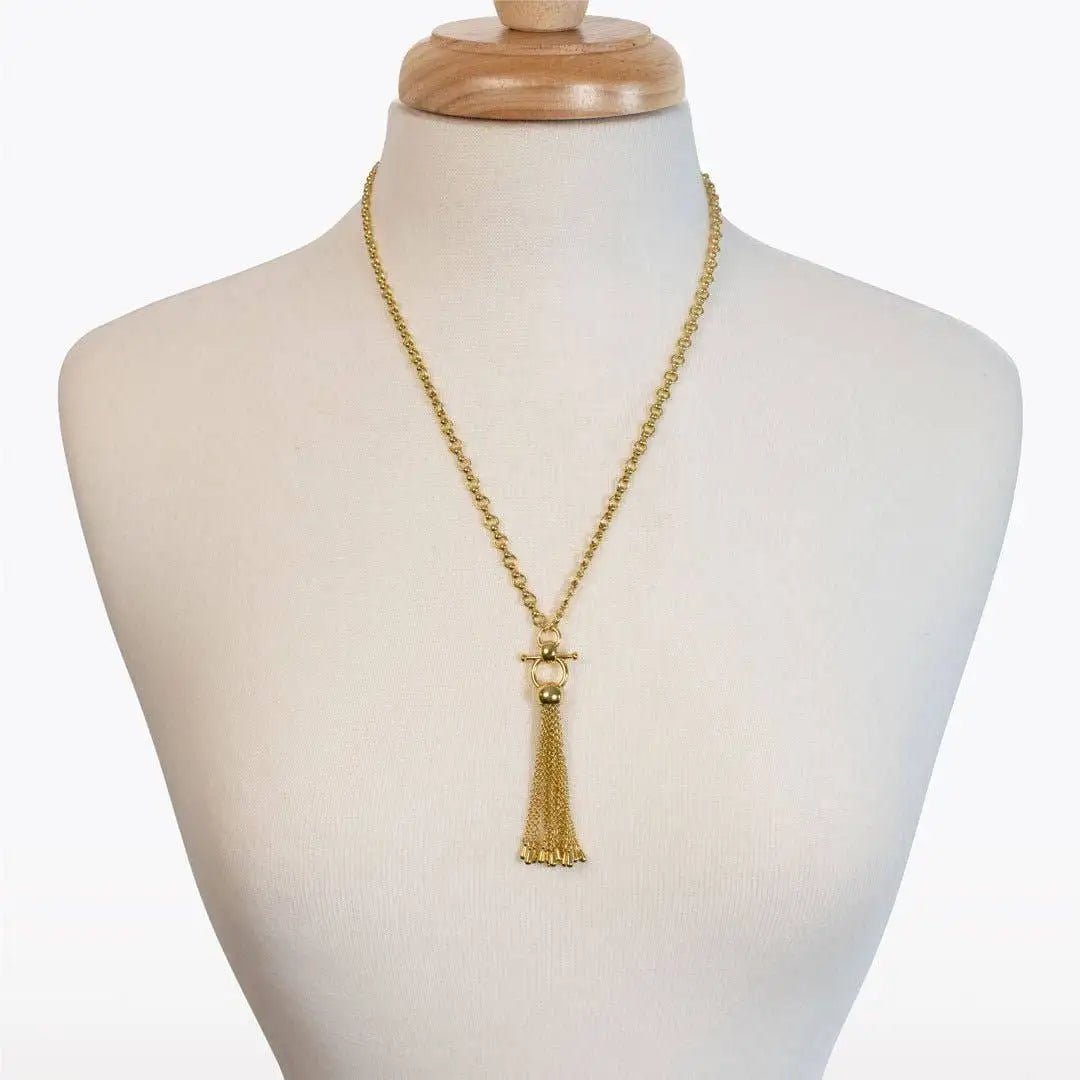 Chantilly Horse Bit Tassel Gold Necklace on Bust Form Zoomed Out
