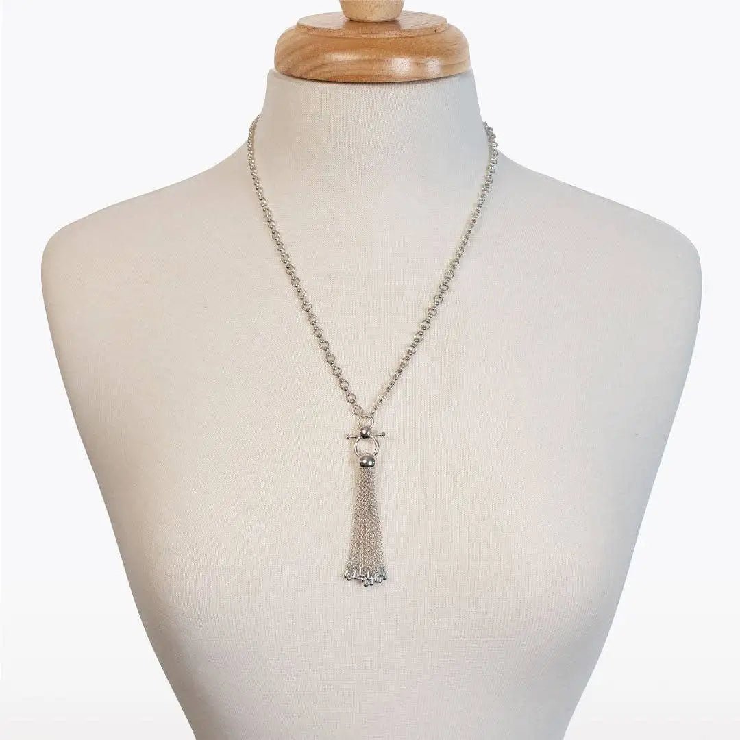 Close up view Chantilly Horse Bit Tassel Silver Necklace on Bust Form