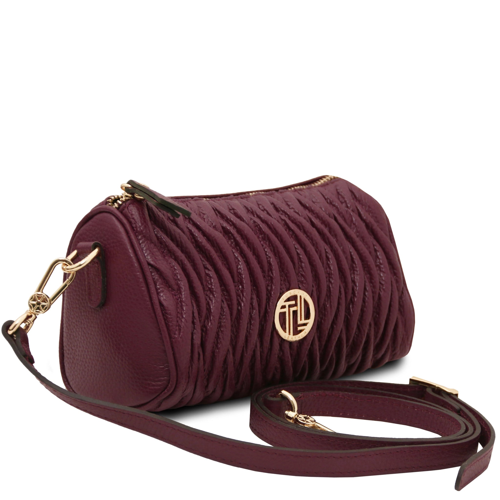 Chantilly Mini Bowling Bag in Bprdeaux with leather shoulder strap