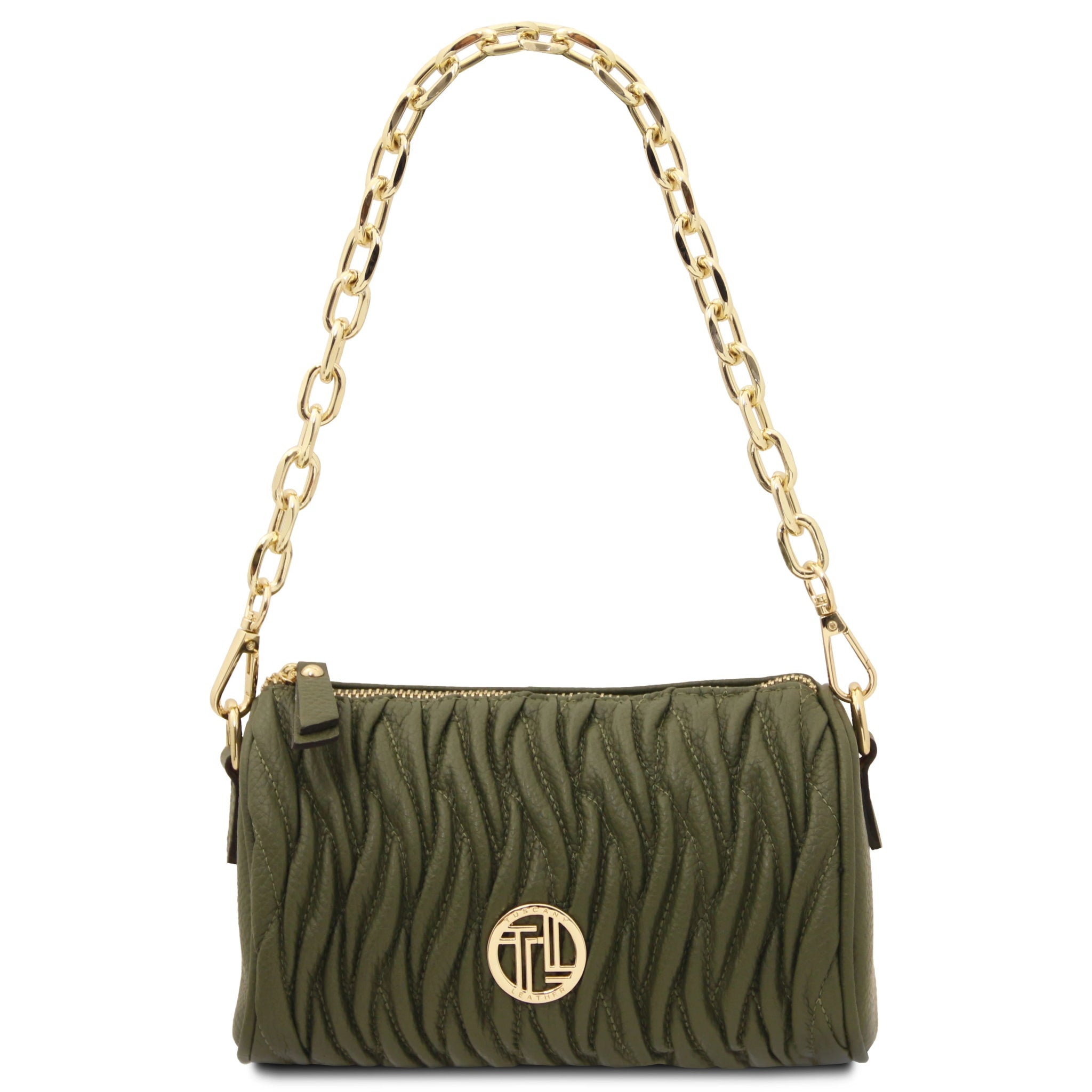 Front full chain handle view Chantilly Mini Bowling Italian Leather Bag in Forest Green